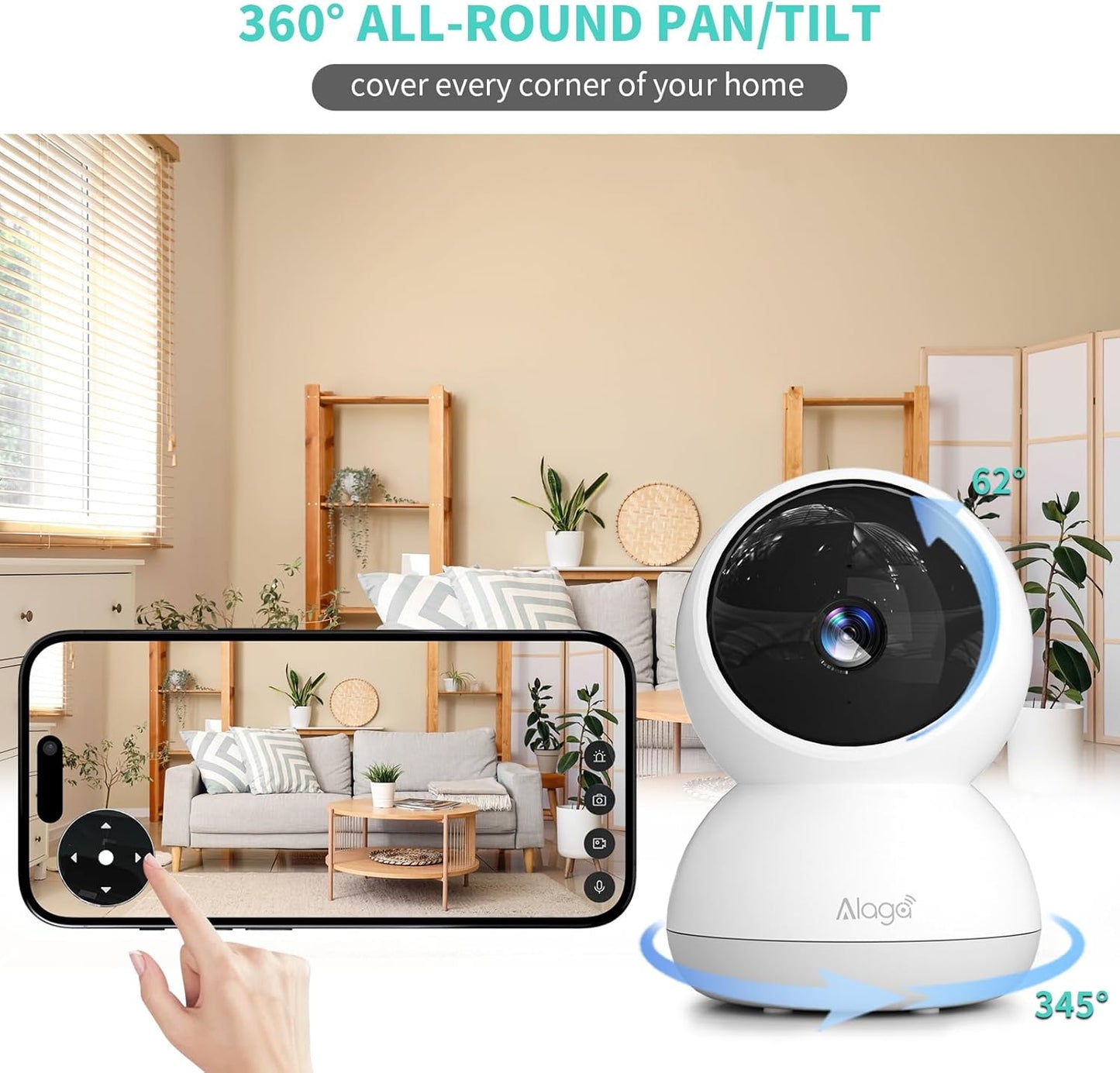 Alaga 3K 360 2-Way 2.4G 5G Indoor Camera, HD Indoor Security Camera, Pan/Tilt Pet Camera, Audio, Siren, Night Vision
