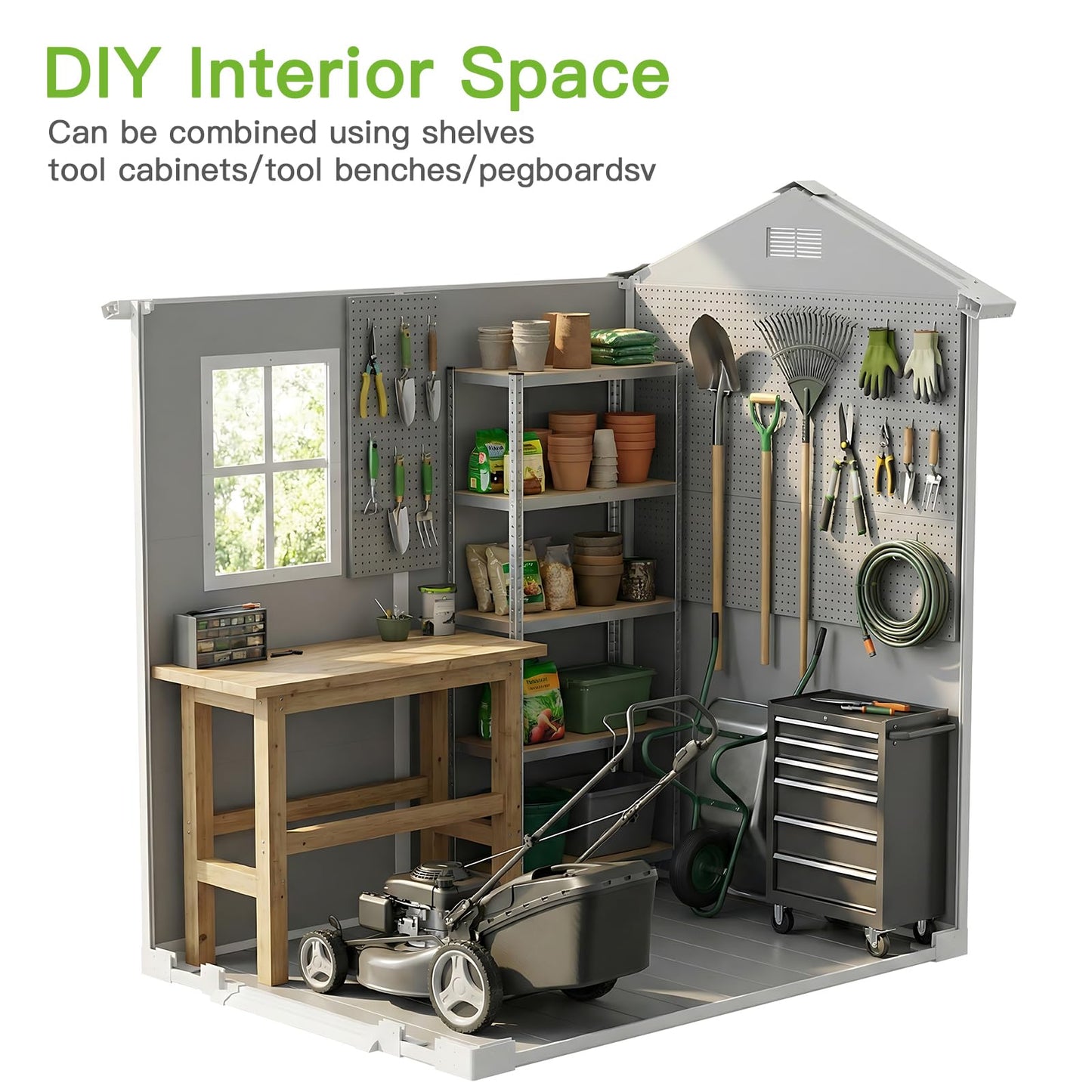 4x6 FT Outdoor Storage Shed with Floor & Window, All-Weather Resin Garden Tool Shed, Waterproof Plastic Garden Shed with Lockable Door, Vents & Roof Rainwater Drainage for Backyard, Garden, Poolside