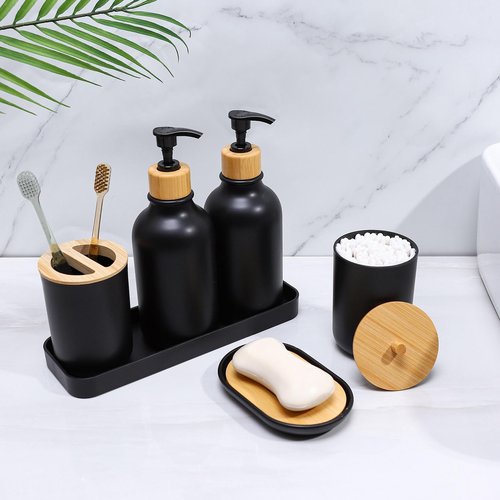 FNGJMJG Matte Black Bathroom Accessories Set 7 Pcs,Bamboo Bathroom Accessories Sets,Black Soap Dispenser and Toothbrush Holder Set,Qtip Holder,Vanity Tray,Soap Dish,Modern Bathroom Decor