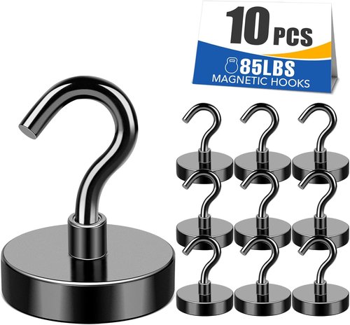 MIKEDE Heavy-Duty Black Magnetic Hooks - 85Lbs Capacity for Cruise Cabin & Kitchen | Pack of 10
