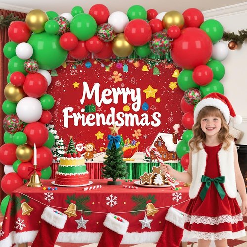 AIBIIN Christmas Balloon Arch Kit - 105pcs Friendsmas Party Decorations with Merry Friendsmas Banner & Foil Curtain