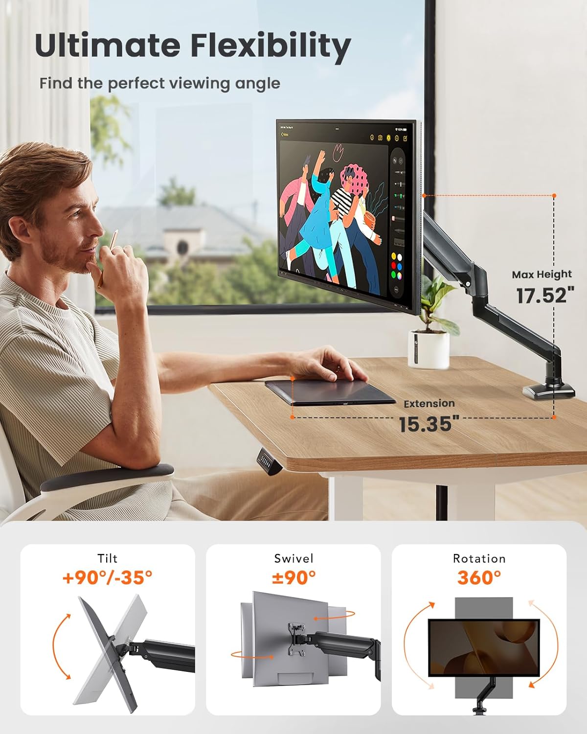 ErGear 13-36 inch 22 lbs, Grommet 100x100mm Single Monitor Arm for Screens, Adjustable Gas Spring Monitor Mount Holds