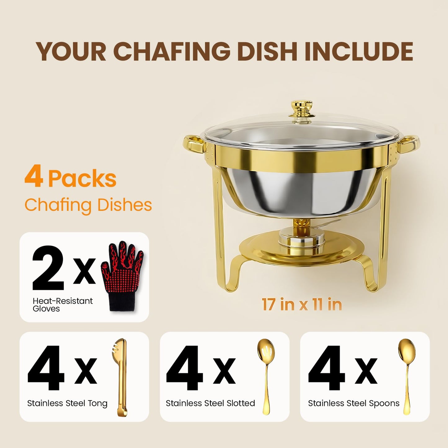 Gold Chafing Dishes for Buffet Set of 4 Pack, 6QT Round Buffet Servers and Warmers Set with 4 Spoons, 4 Slotted Spoons, 4 Tongs, 2 Gloves, Chafers and Buffet Warmers Sets for Wedding, Birthday, Party