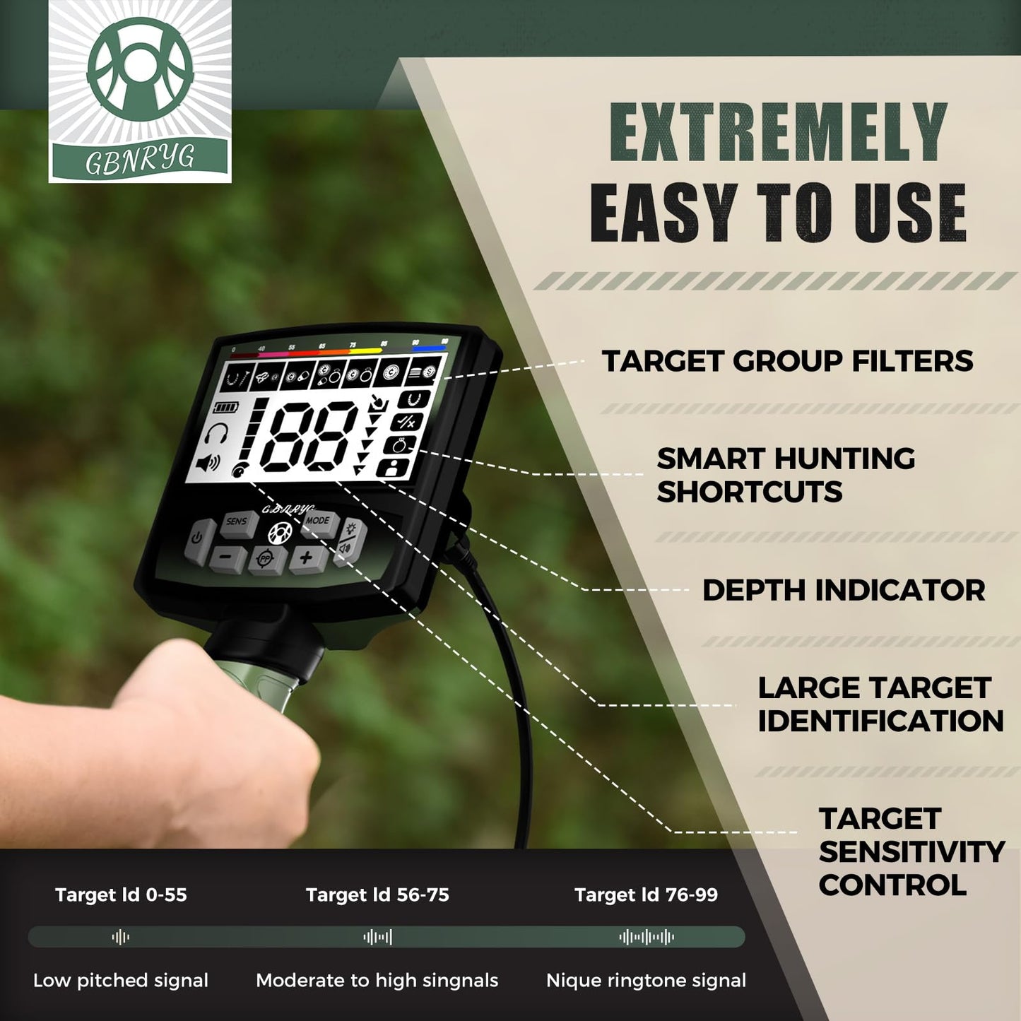 Gbnryg Professional Metal Detector for Adults,12" IP68 Waterproof Search Coil with LCD Backlight,5 Modes Gold Detector,Advanced DSP Chip&High Accuracy System for Beach/Gold Hunting