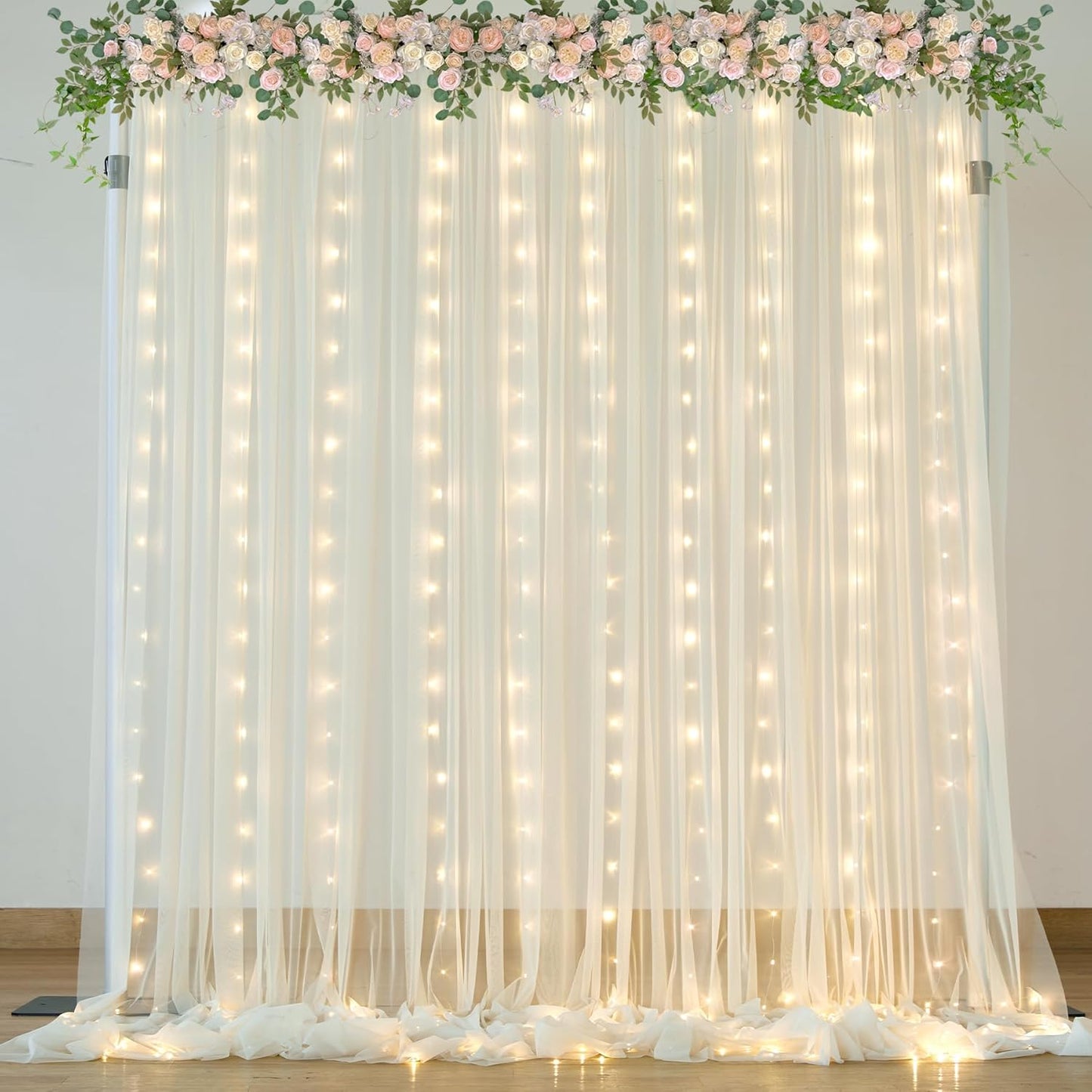 Suppromo 108ft Ivory Sheer Backdrop Curtains with Lights String for Parites Wedding Tulle Backdrop Curtains for Baby