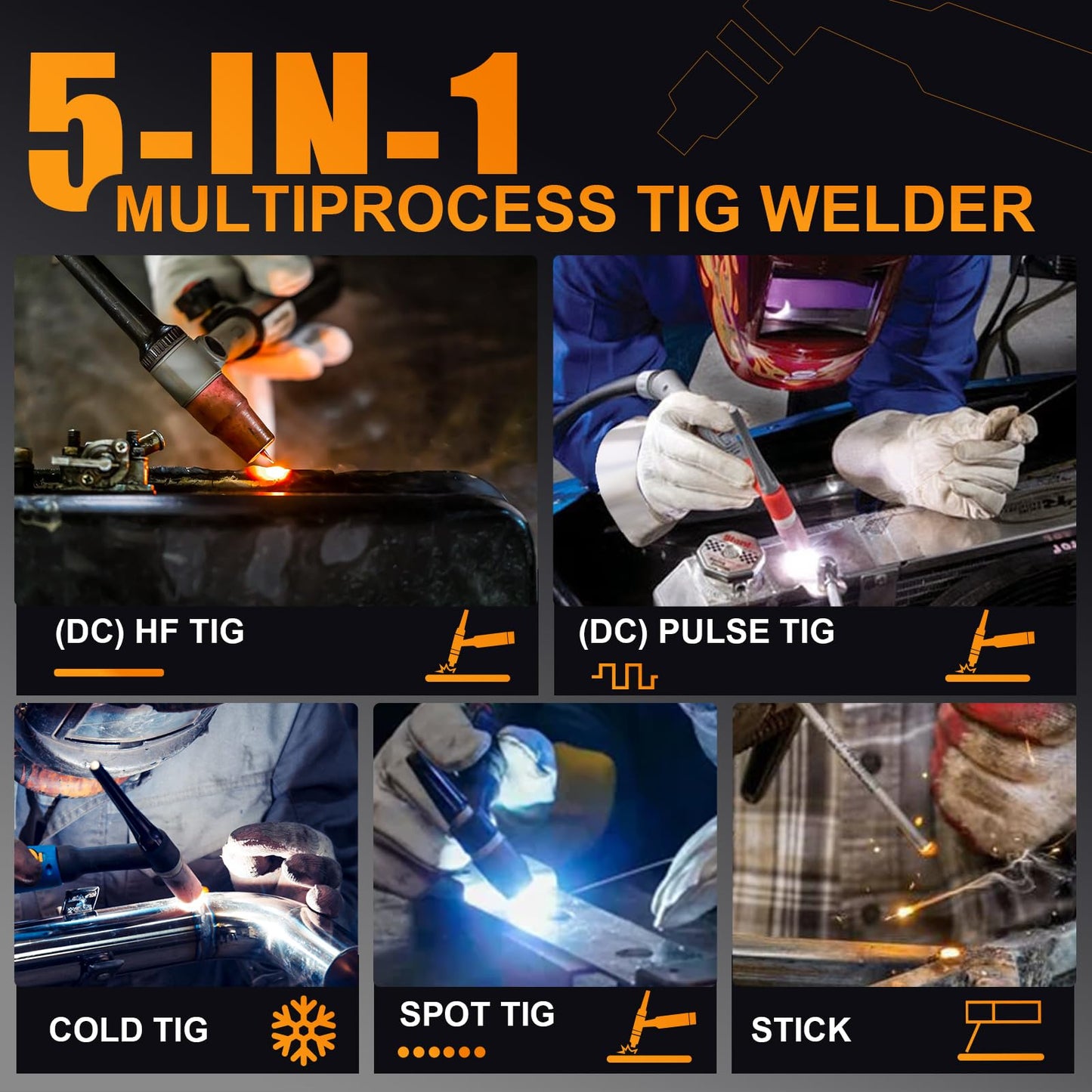 AZZUNO 200A TIG Welder With Pulse Cold, 5-in-1 DC HF TIG/PULSE TIG/COLD/SPOT TIG/STICK, 110V&220V Dual Voltage TIG Welding Machine with Large LED Display