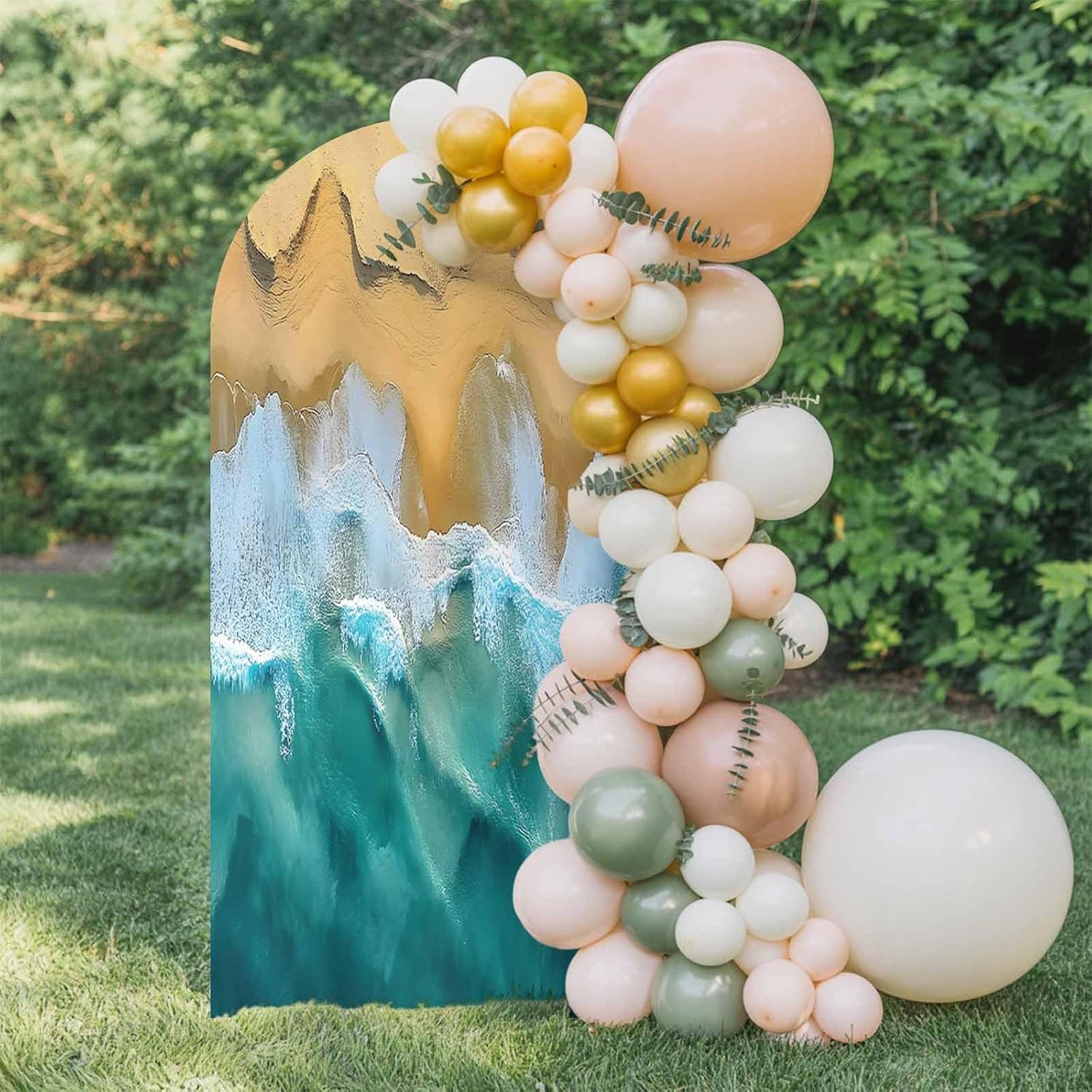 Jnbasdffb 6.6 Blue Coastal Wedding Arch Cover,Stretchy Spandex Arch Backdrop Stand Covers FT,Yellow Beach Ocean Modern