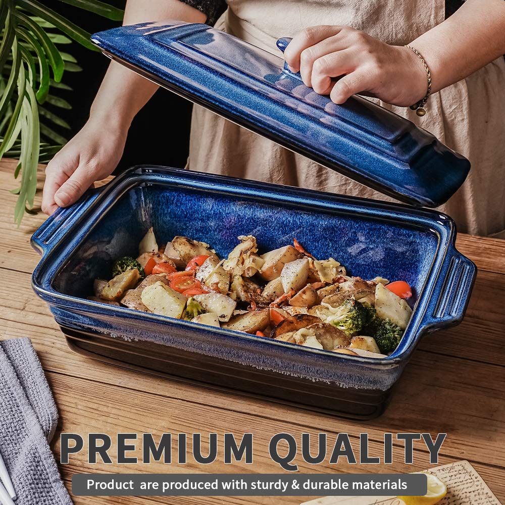 KOOV Ceramic Casserole Dish With Lid, Covered Rectangular Set, Lasagna Pan for Cooking, Baking Dish for Dinner, Kitchen, 9 x 13 Inches, Reactive Glaze (Nebula Blue)