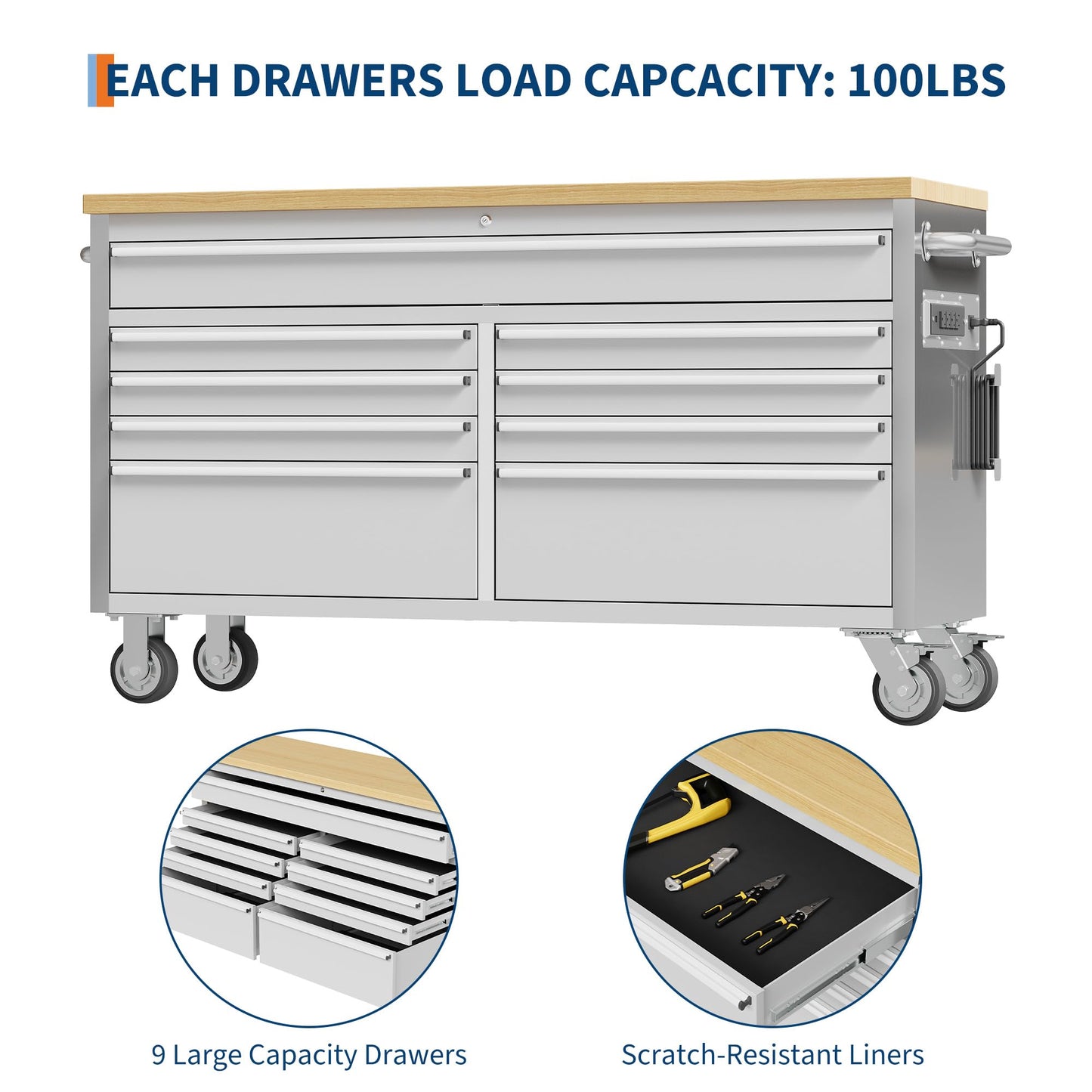 GAOMON 61 Inch Tool Chest, Tool Cabinet with 9 Drawers, Mobile Storage Cabinet with Locking System, Stainless Steel Material and Sturdy Structure, High Capacity for Home Workshop Kitchen and Garage.