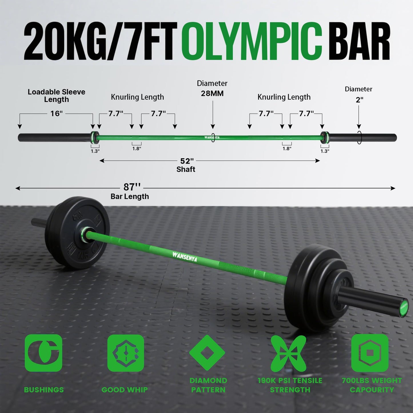 WANSENYA 7FT Olympic Barbell 45lb,28MM 2 Inch Olympic Bar for 700lbs Capacity with No. 45 Steel,Olympic Weight Bars for Lifting,CrossFit,Bench Press,Deadlift,Squats,Strength Training bars,Dark Green