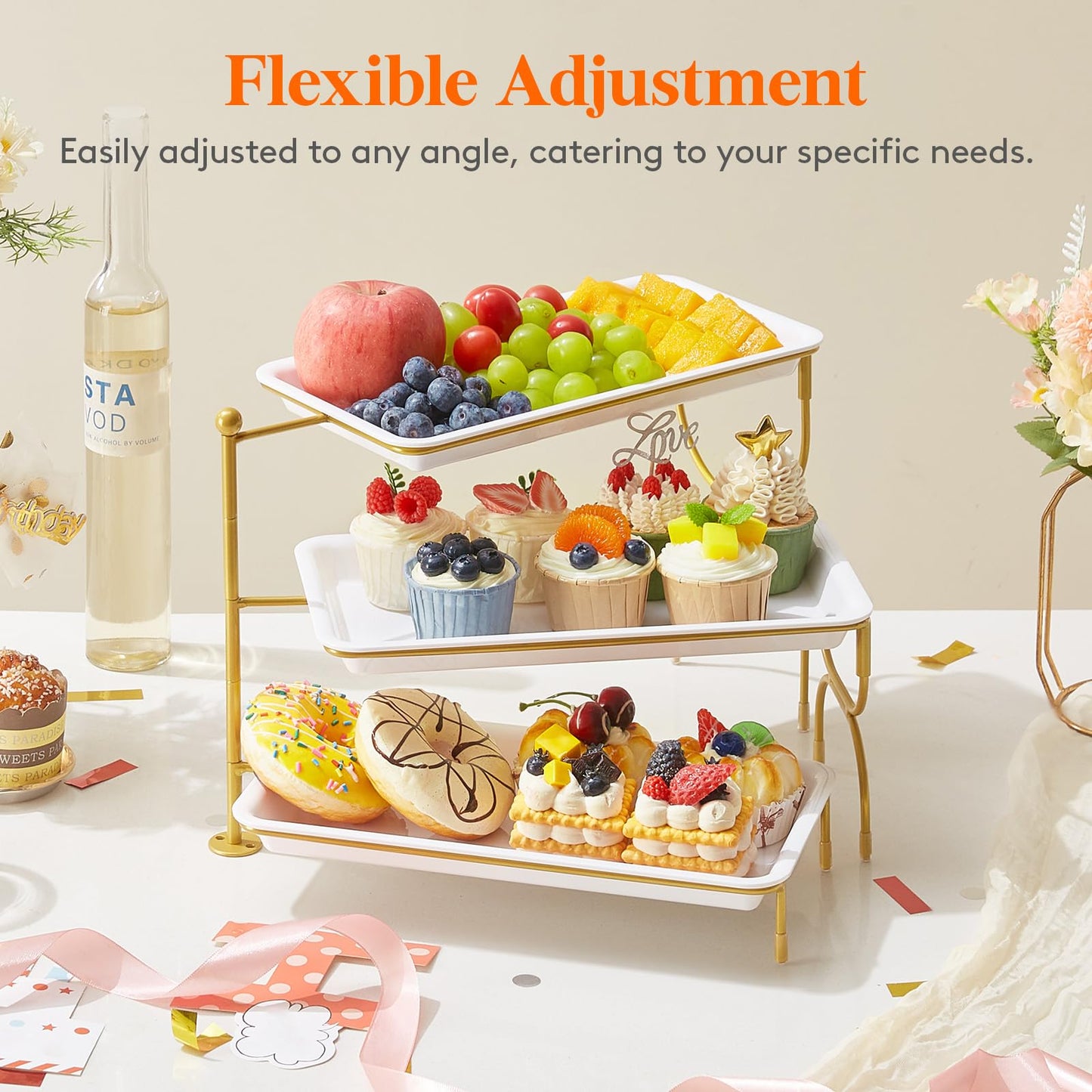 Lifewit 3 Tier Serving Tray for Party, 30 x 17 cm/12 x 6.5 Plastic Serving Platters, White Rotating Tiered Tray with Gold Collapsible Metal Stand, Decorative Dessert Table Display Set for Buffet