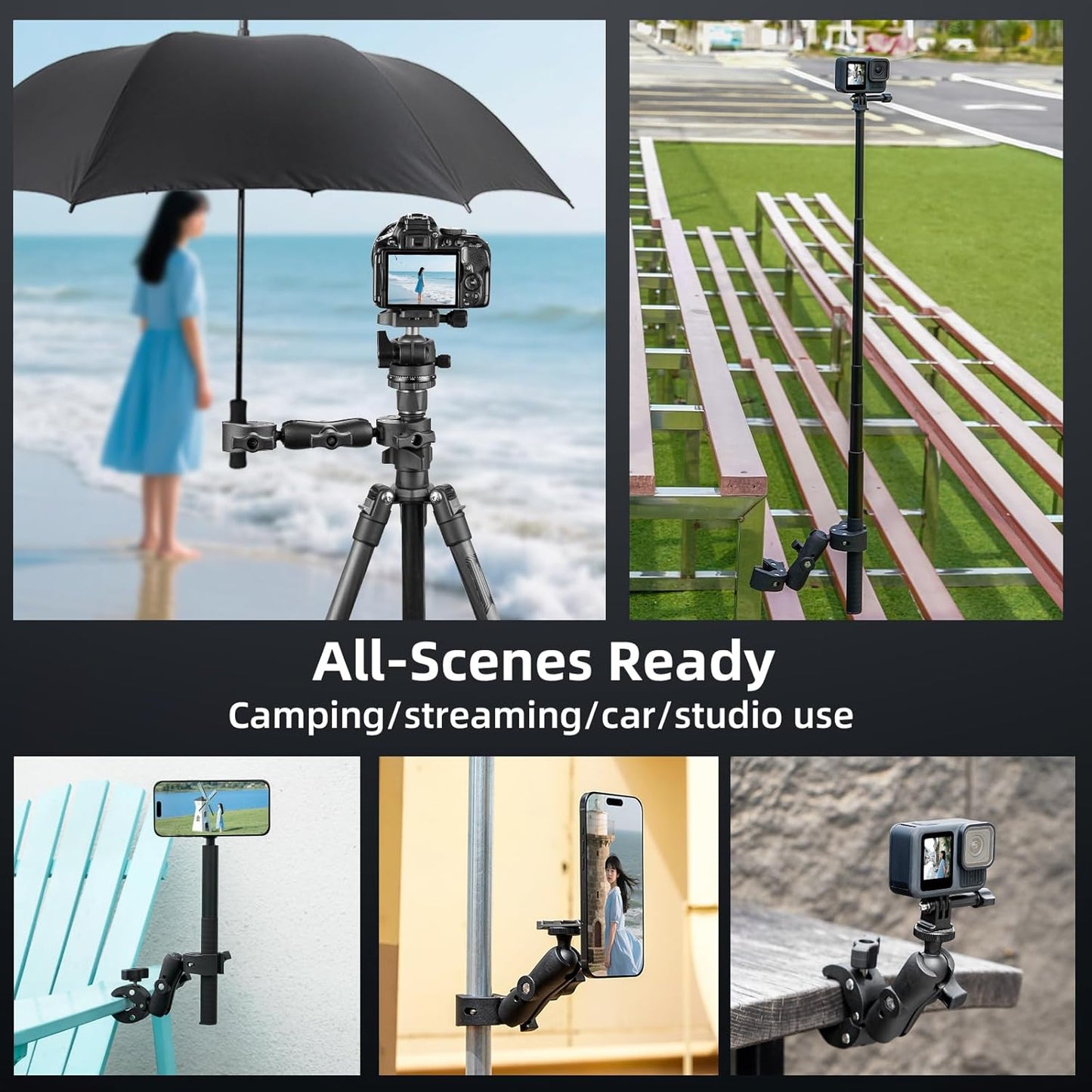 BRDRC Double Clamp Mount Umbrella Holder Camera Pole Bracket for Stroller Wheelchair Monitor Magic Socket Arm Desk