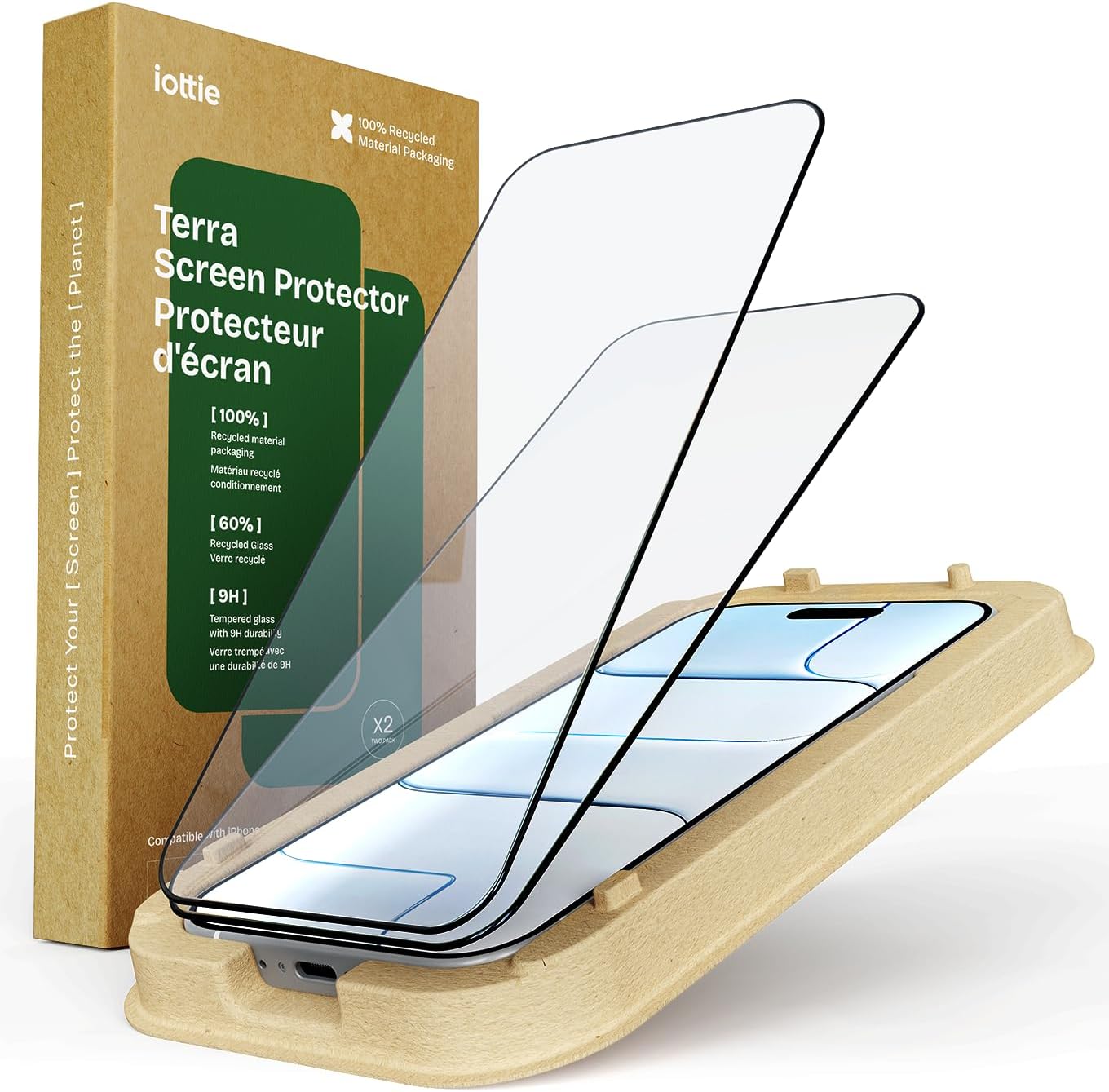17 9H 2 iOttie Terra Screen Protector for iPhone Air, Hardness Tempered Glass, Eco-Friendly Reusable Alignment Tray