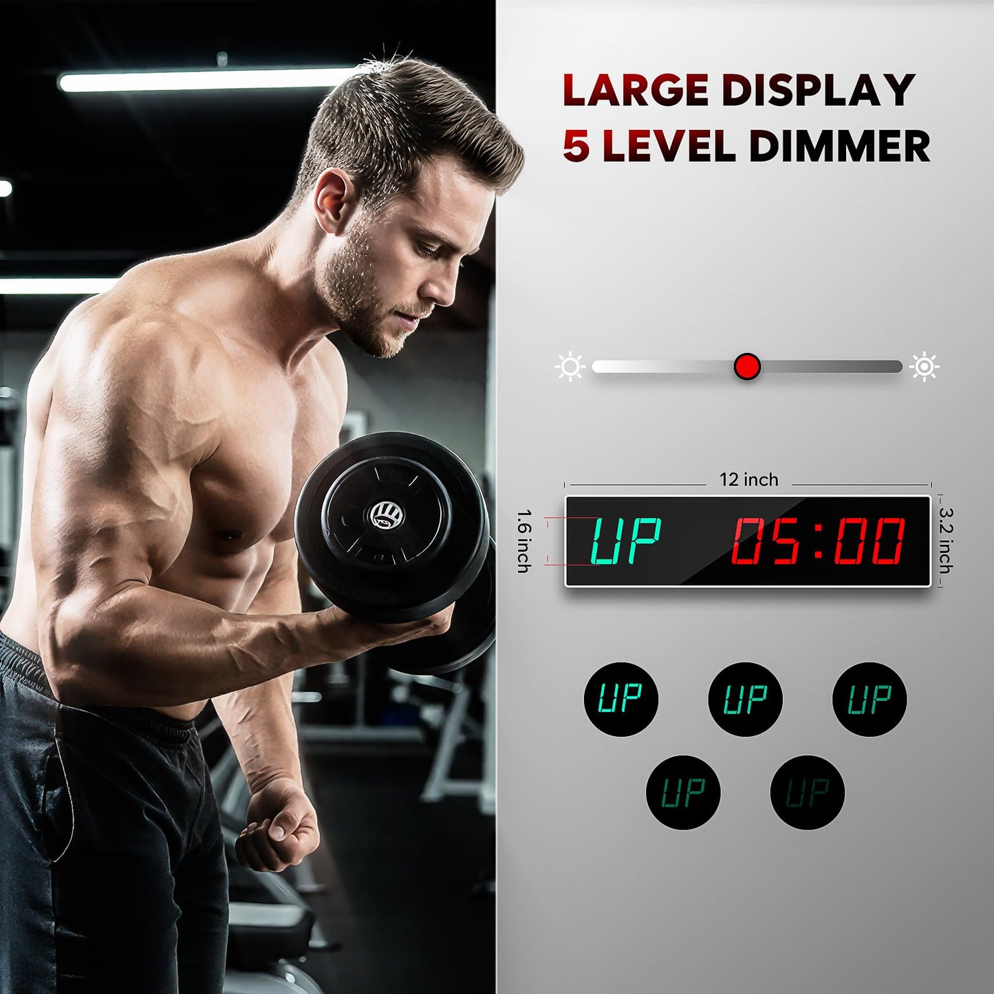 Dienmern Large Digital Gym Timer – Remote Control Gym Clock Wall with 9 Custom Modes Countdown/UP/Stopwatch/Interval, Workout Timer for Home Gym/Garage/Boxing/Outdoor Sport