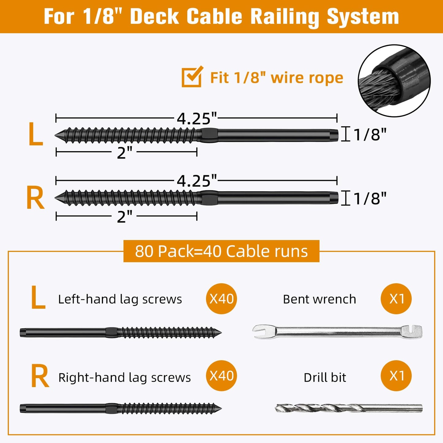 Swage Lag Screws for Cable Railing - 80 Pack Black T316 Stainless Steel Left and Right Handed Thread - 1/8" Cable Railing Hardware Kit for Deck Stair Wood Post Railing System