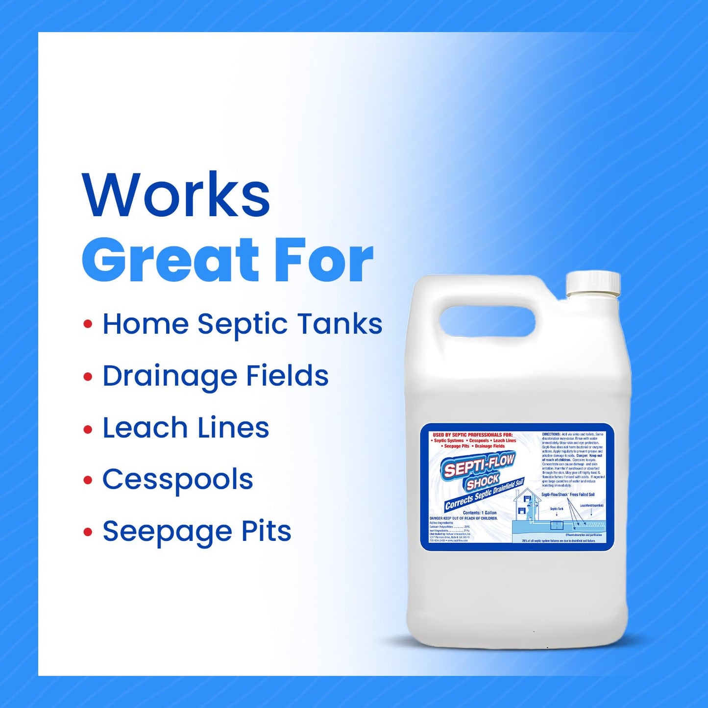 Septi-Flow Shock | Septic Drainfield Repair Solution, Clears Leach Fields, Dissolves Hardened Deadpan Soil, Complete Treatment, One Gallon - 128 Fl Oz (Pack of 4) - Drain Field Treatment