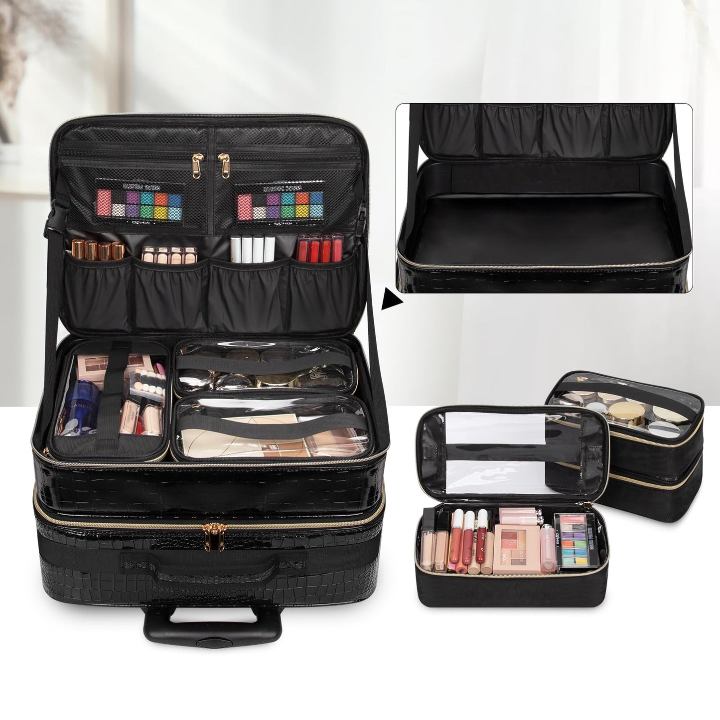 OCHEAL 18 Inch Rolling Makeup Train Case, Extra Large Travel Cosmetic Organizer Storage Trolley with Wheels, 3 Layers & 3 Travel Makeup Bags Carry On for Hairstylist Cosmetology Artist