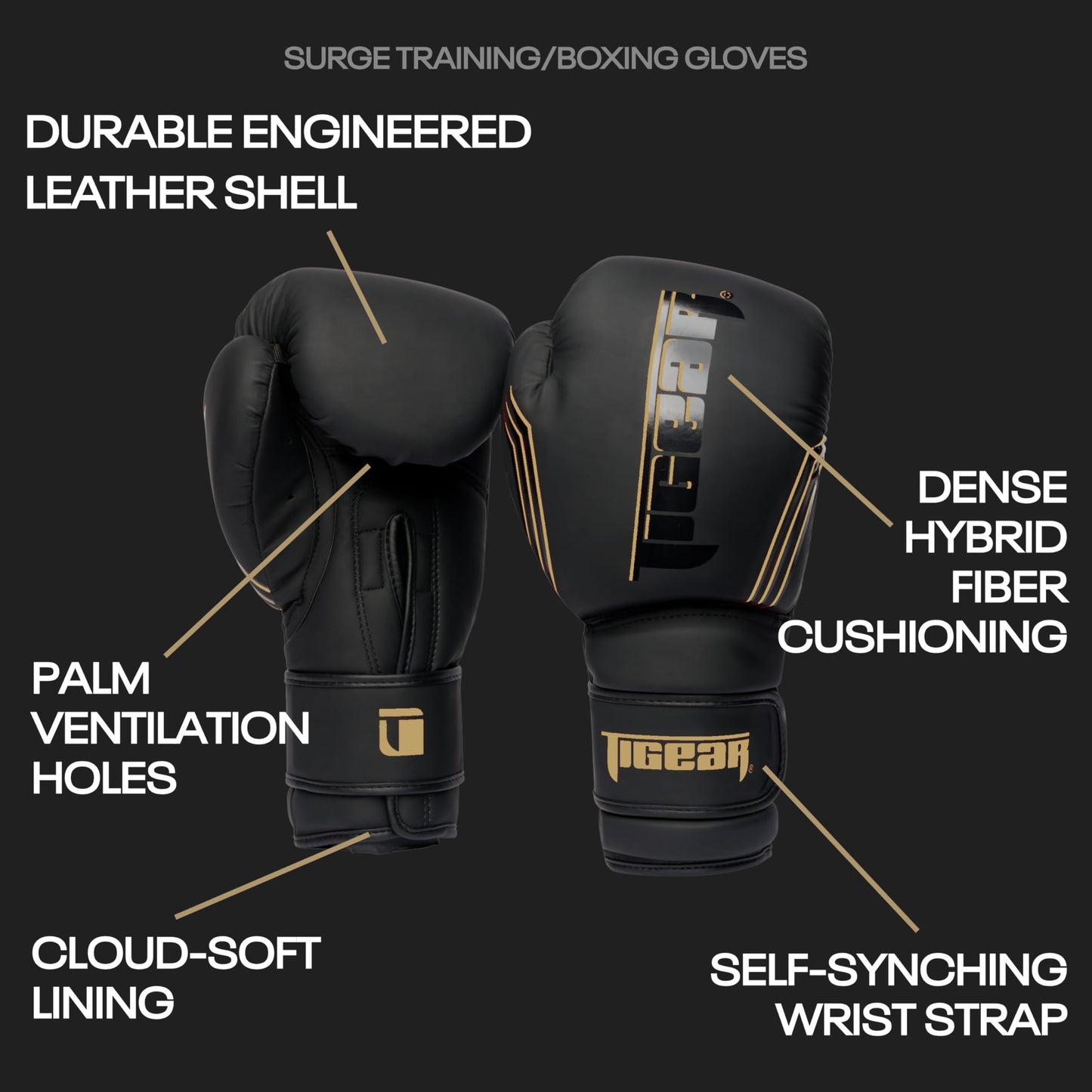 Tigear Surge Pro Boxing Gloves for Men Women & Kids | Engineered Leather Muay Thai Gloves, MMA Gear, Kickboxing Heavy Bag Training and Sparring | Black/Gold (12oz)