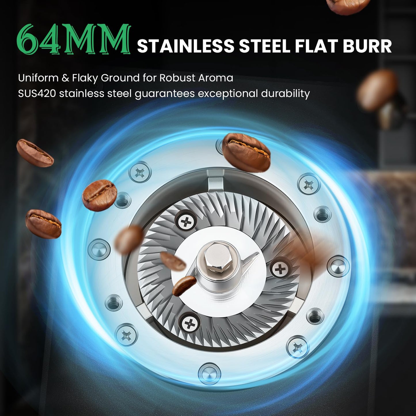 Huanyu Electric Coffee Bean Grinder 250G Automatic Burr Grinder Green and Huanyu Commercial Coffee Grinder with 64mm Flat Burr Anti-Flying Grounds Outlet 26oz Lotus Hopper Bundle