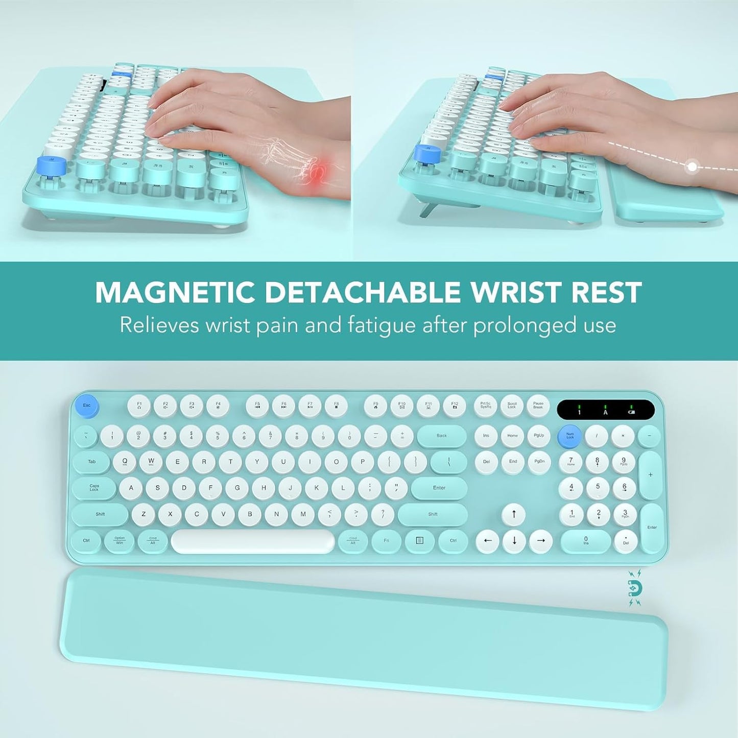 SABLUTE 2.4GHz Wireless Keyboard, Round Keycaps, Retro Typewriter Keyboard with Detachable Wrist Rest, Sleep Mode