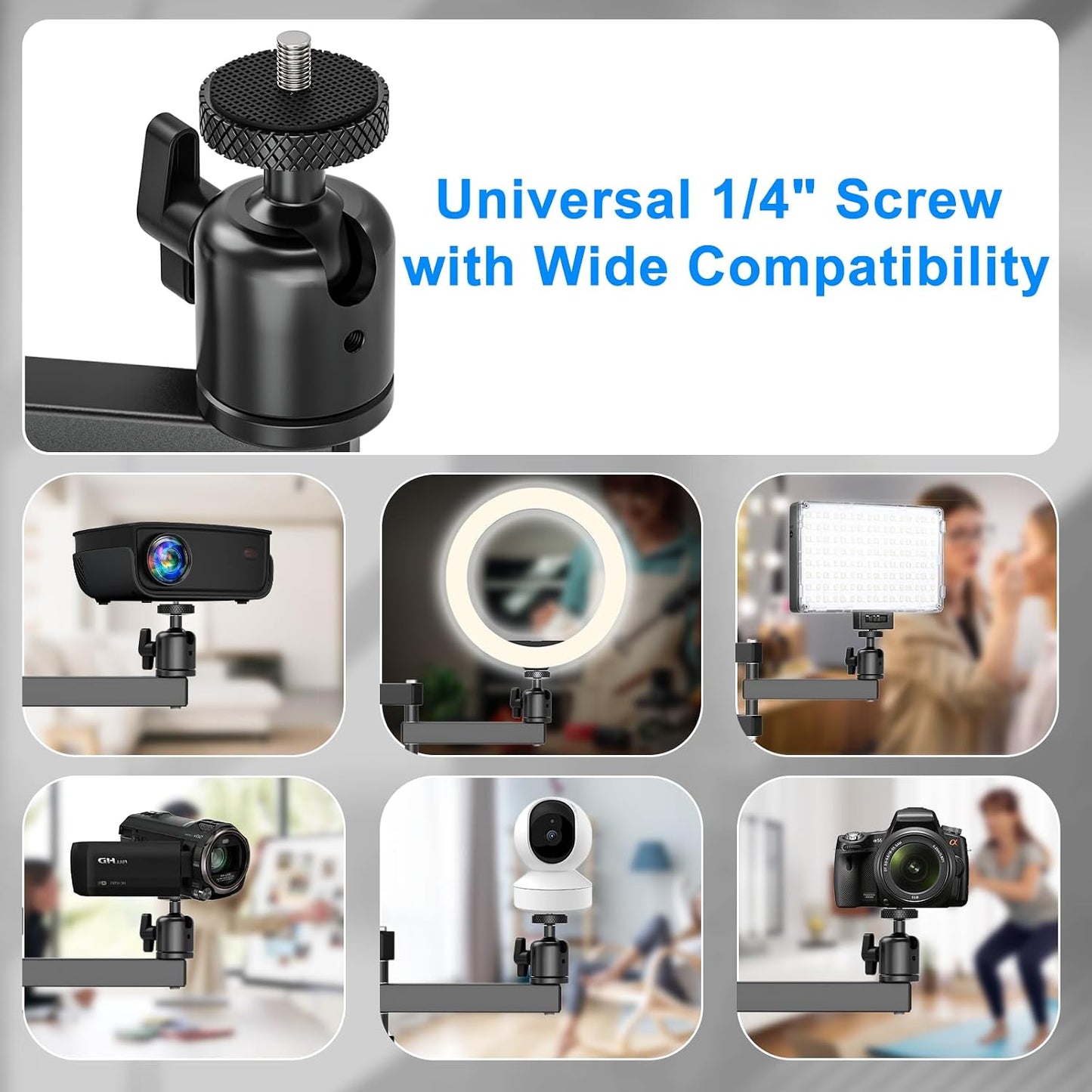 JUBOR 360 3-Sections 1/4" 14.7" Projector Wall Mount, Rotation Wall Mount for Projector Webcams with Ball Head