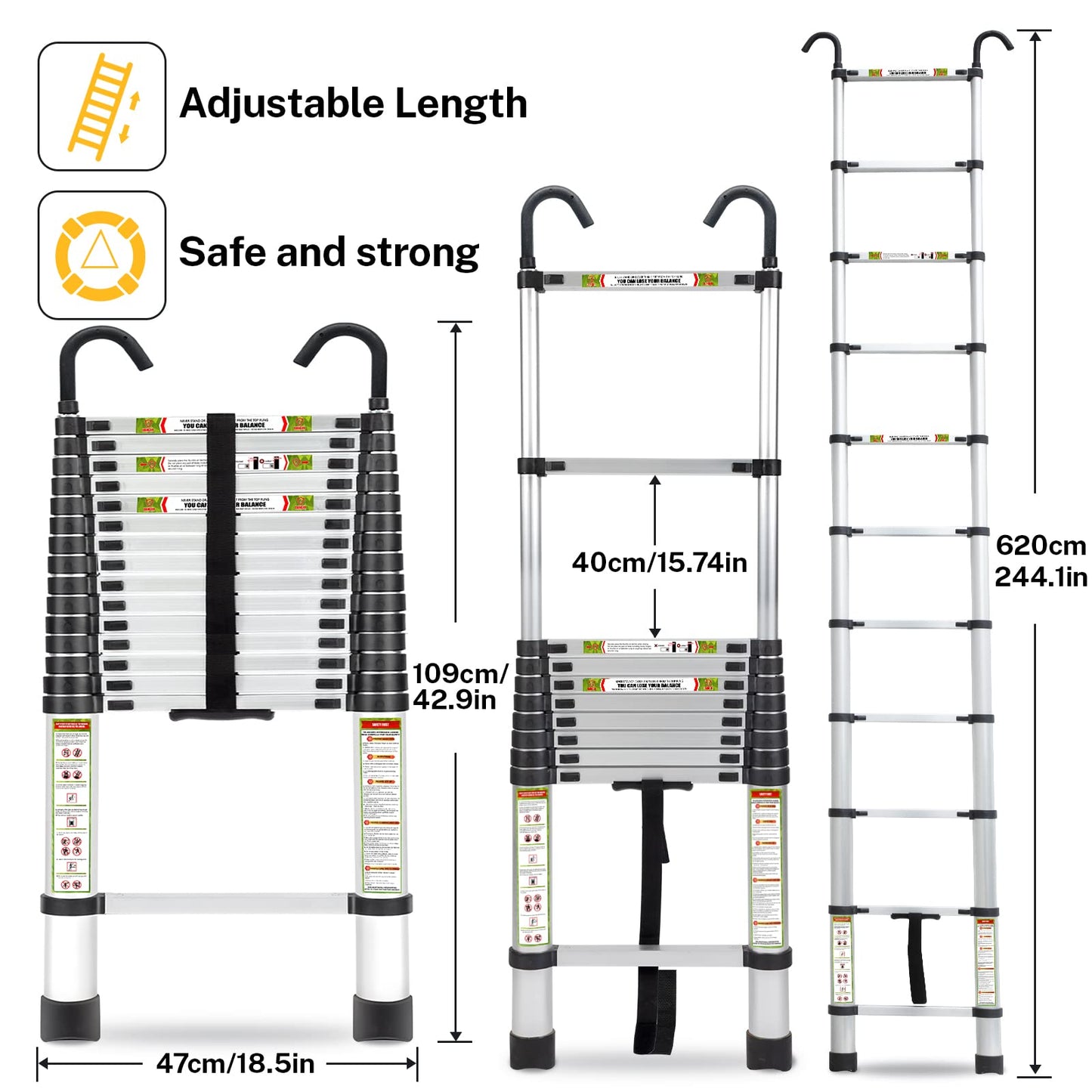 RIKADE Telescopic Ladder, 20.3 ft Aluminum Telescoping Ladder with Stable Hook and Non-Slip Feet, Portable Extension Ladder for Household and Outdoor Working, Max Load 330 lb, Aluminum
