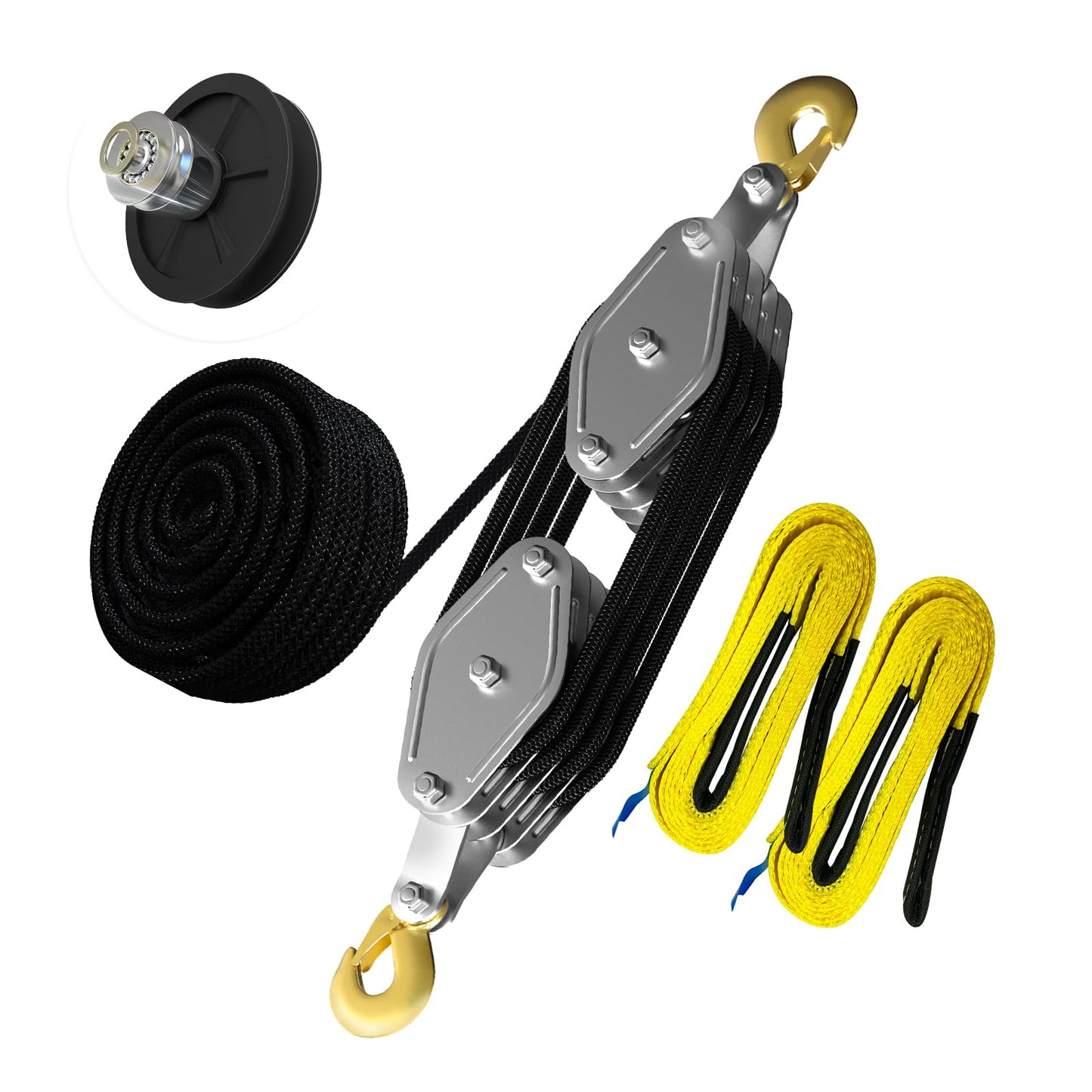 YATOINTO Rope Hoist Pulley System, 4400LB Pulley Block and Tackle, 8:1 Ratio Lifting Power 65ft, Heavy Duty Pulley Block for Lifting Pulling (with 2PCs Straps)