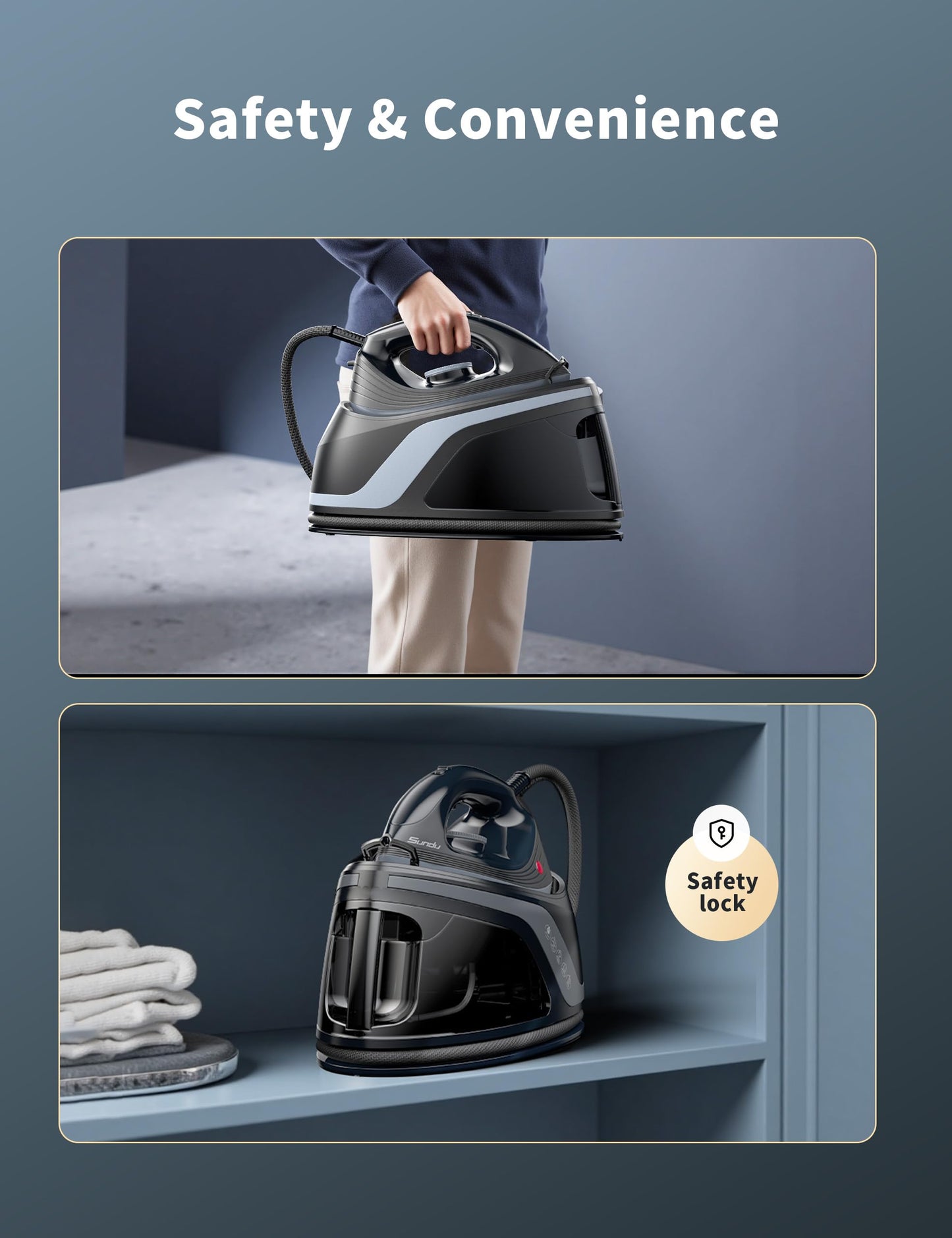 1500W Steam Iron & Vertical Steamer, 1300ml Leak-Proof Water Tank, Ceramic Soleplate, Auto-Off Safety, Burst Steam, Self-Cleaning, Anti-Calc Anti-Drip(Noble Black)