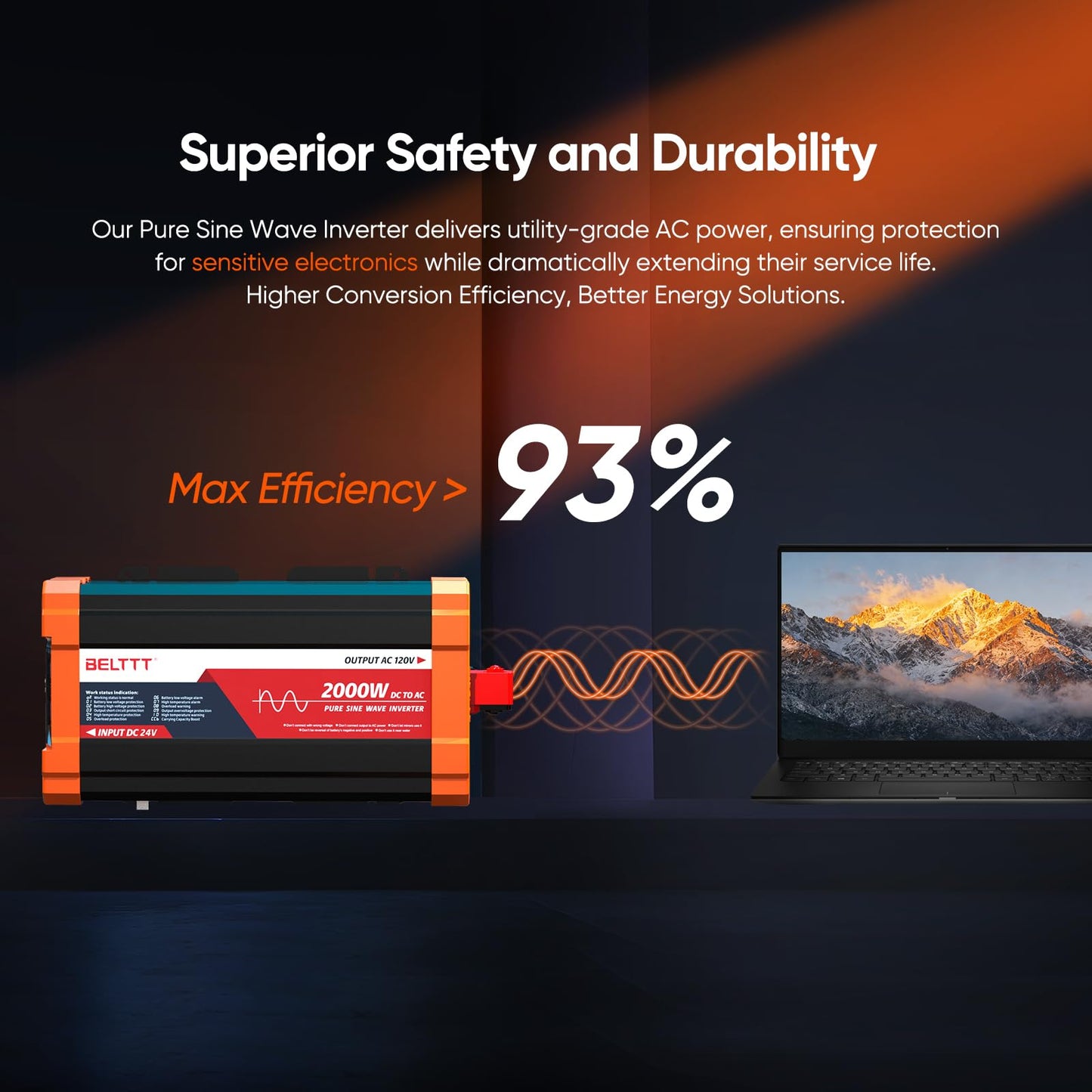 BELTTT 2000W 24V Inverter Pure Sine Wave Inverter 24V DC to 120V AC for Solar, Off-Grid, RV, Truck,Power Inverter, Dual AC and 20A Socket, 5V 2.1A USB, Hardwire Port, Remote Controller, Surge 4000W