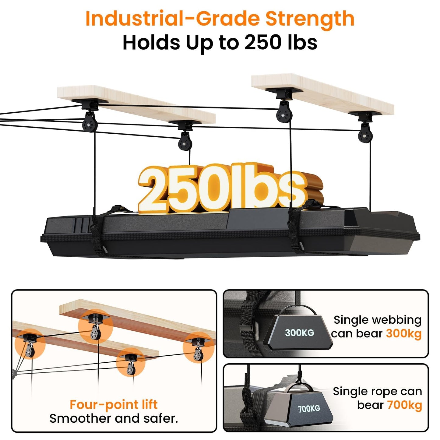 Pacikwest Garage Ceiling Storage Lift System Roof Top Tent Hoist, Heavy Duty Overhead Pulley System for Garage Storage Rack, 4-Point Lift 250lb Capacity, Adjustable Straps Fits 8-16ft Ceiling