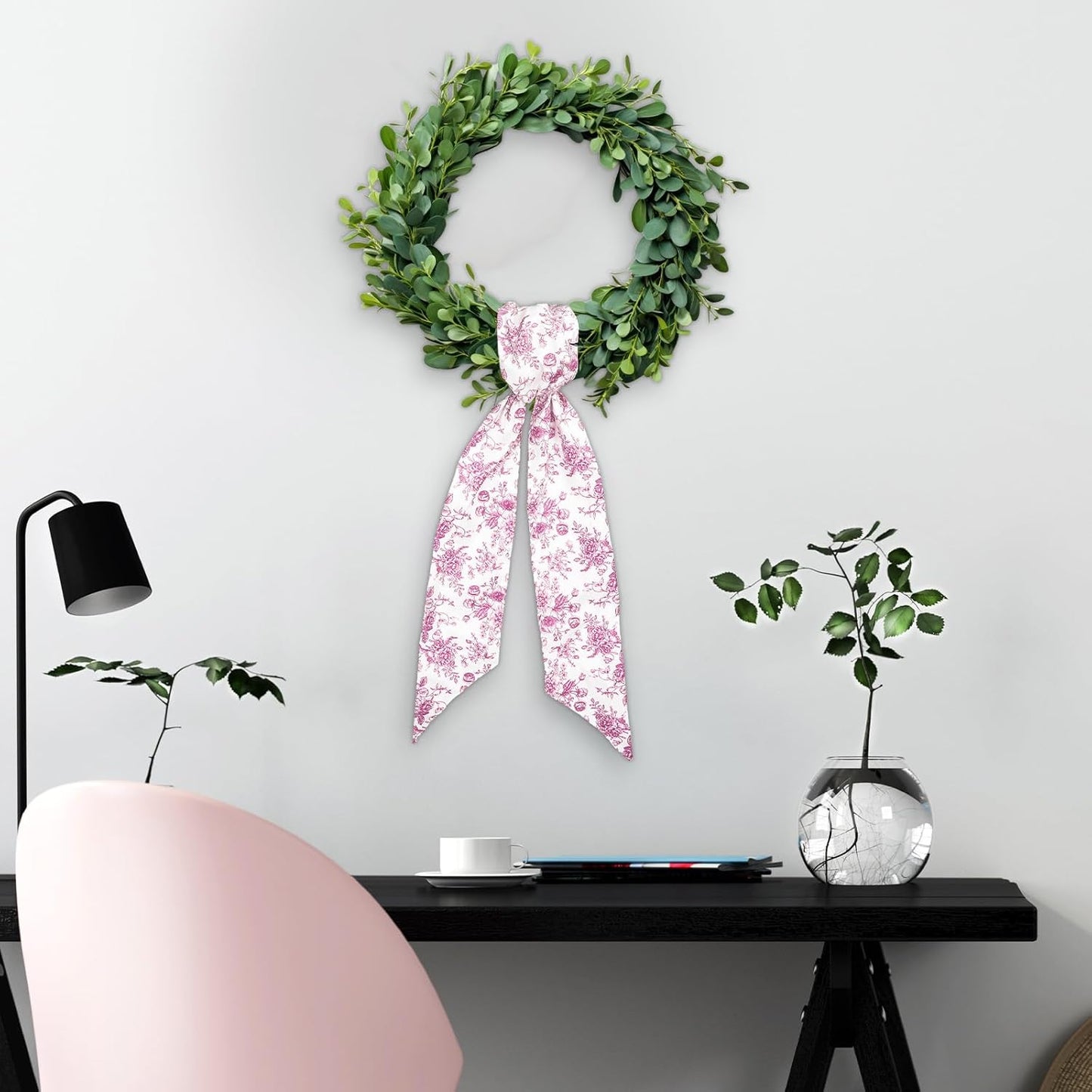 Whaline Pink Flower Wreath Sash - Chinoiserie Floral Garland Ribbon for Holiday Home Decor | 2 Pcs