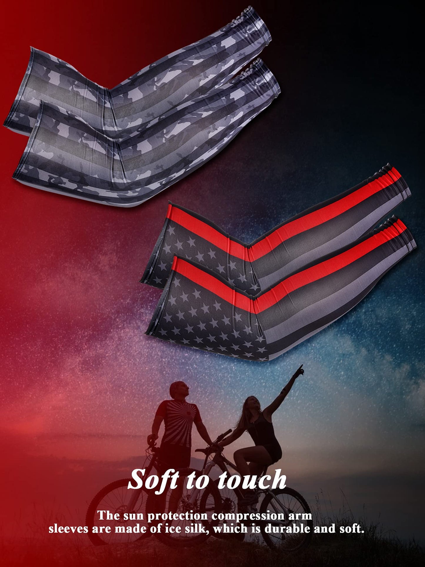 SATINIOR 8 Pairs Arm Sleeves for Men Women Compression UV Sun Protection Arm Sleeves USA Flag 250th Anniversary for Men(M)