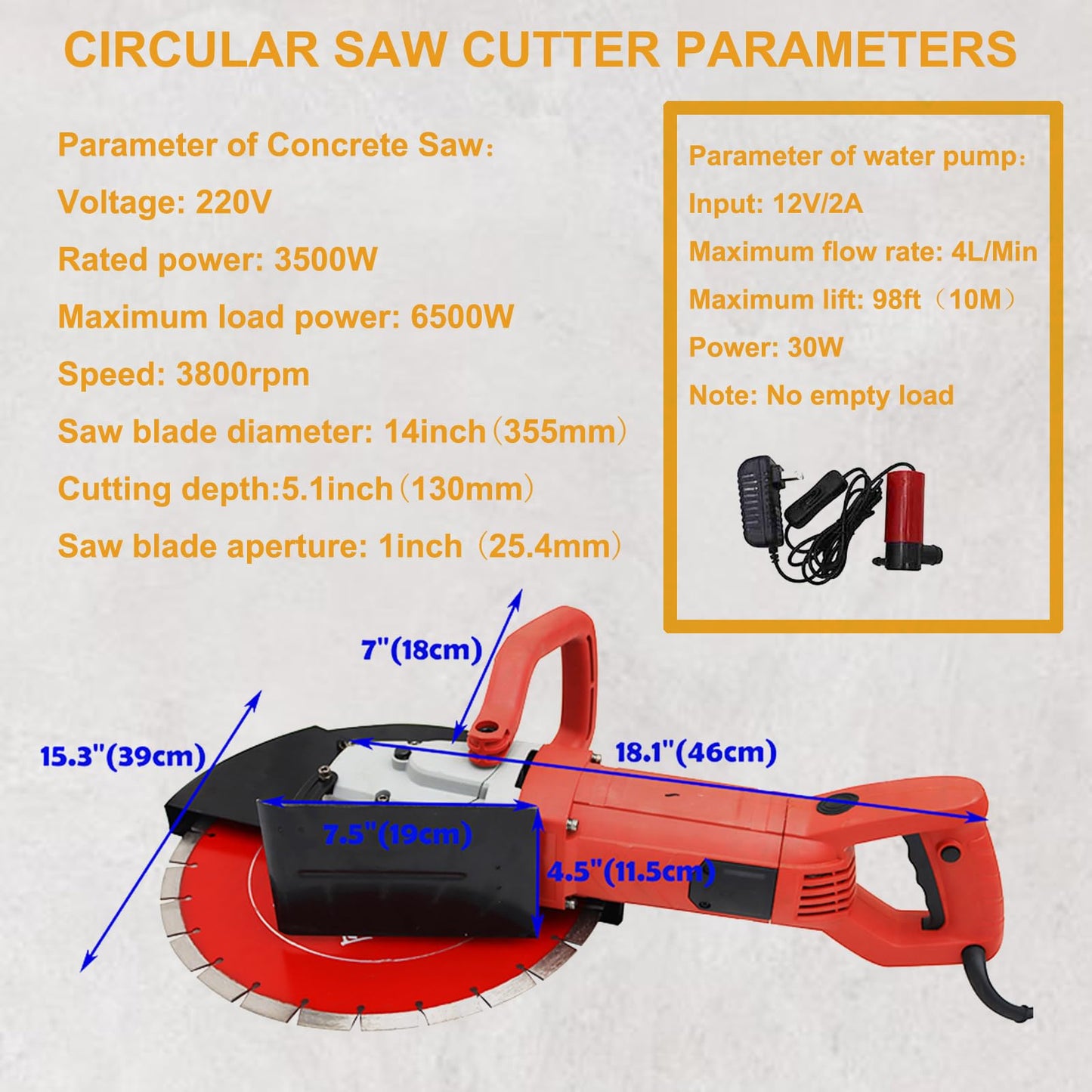 INTBUYING Electric Concrete Saw, Wet/Dry Circular Saw Cutter, 14" Concrete Cutter Masonry Tool 220V for Wood, Granite, Brick-with Water Pump