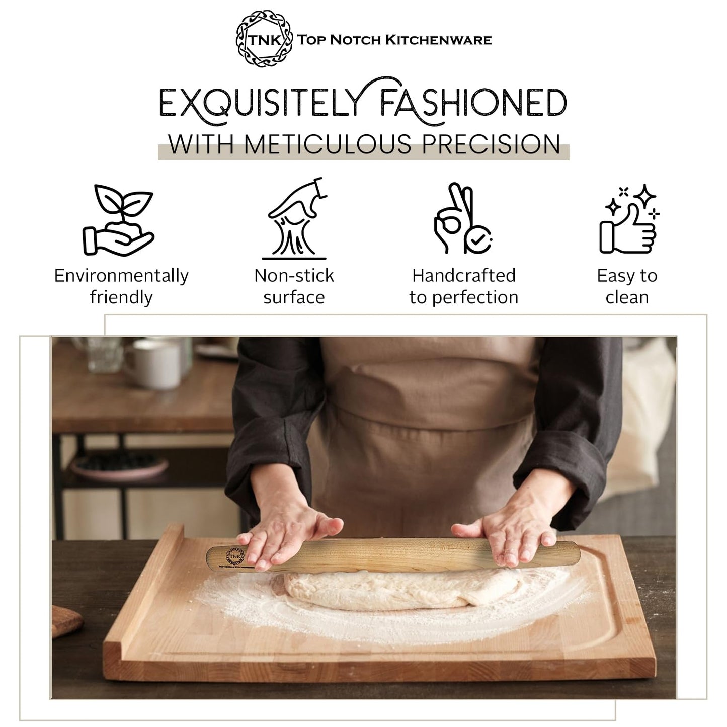 Top Notch Kitchenware | Sugar Maple French Style Rolling Pin | Tapered Solid Wood Design | Perfect for Baking Enthusiasts | Dough Roller | USA Made