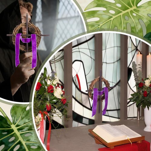 Dingion Mini Crown of Thorns Nail Cross Wreath Decor - Purple Velvet Ribbon, 7in Christian Catholic Design