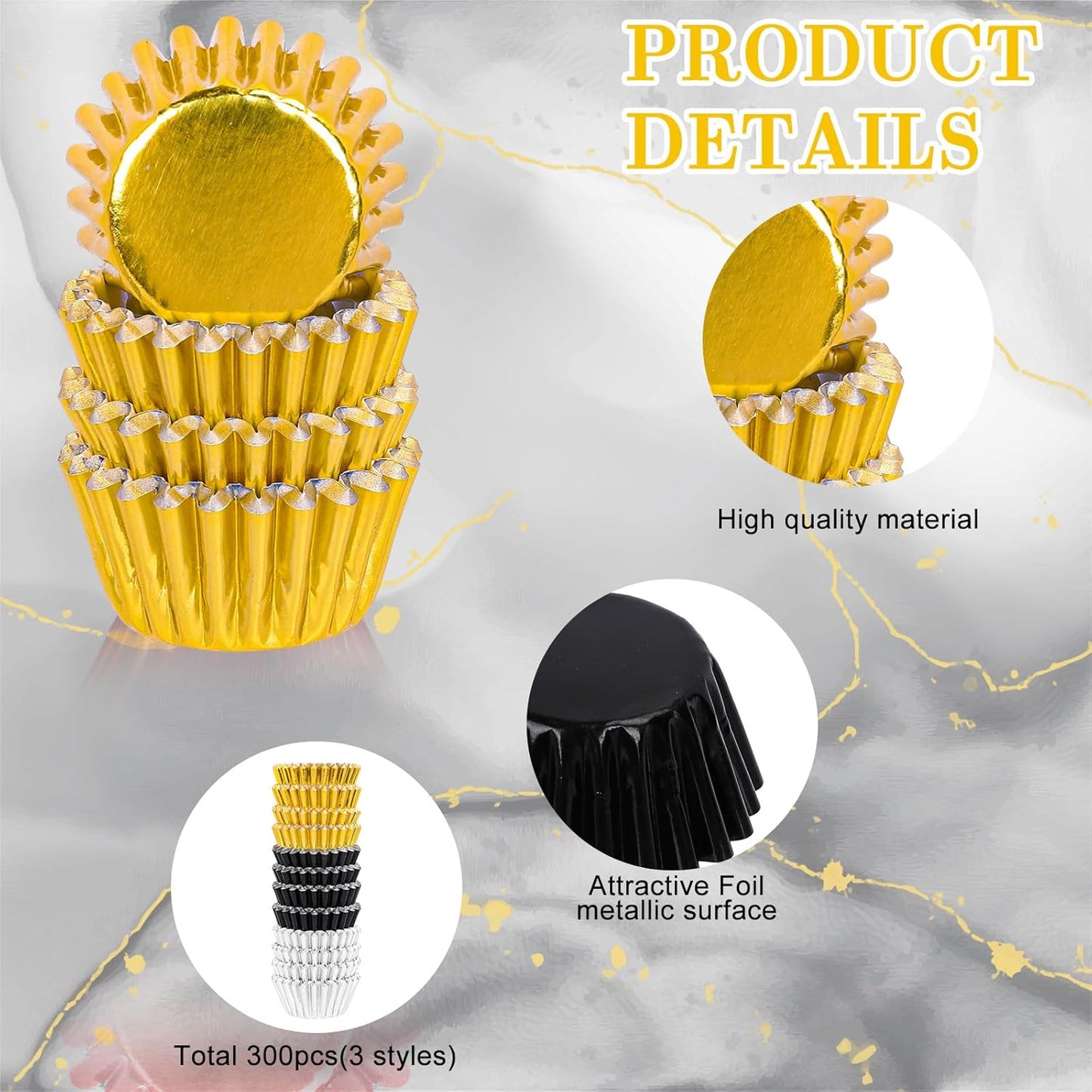 Whaline 300Pcs Graduation Cupcake Liners - Black Gold Silver Foil Baking Cups for Party Supplies