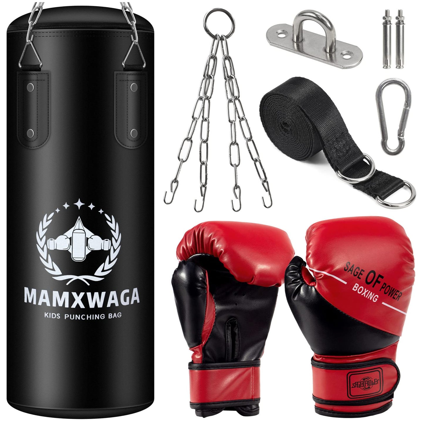 Mamxwaga Kids Punching Bag Set Unfilled, Hanging Boxing Bag Kickboxing Bag with Boxing Gloves, Kids Boxing Set for 3-12 Years, for Youth Karate Muay Thai Kick Taekwondo Training