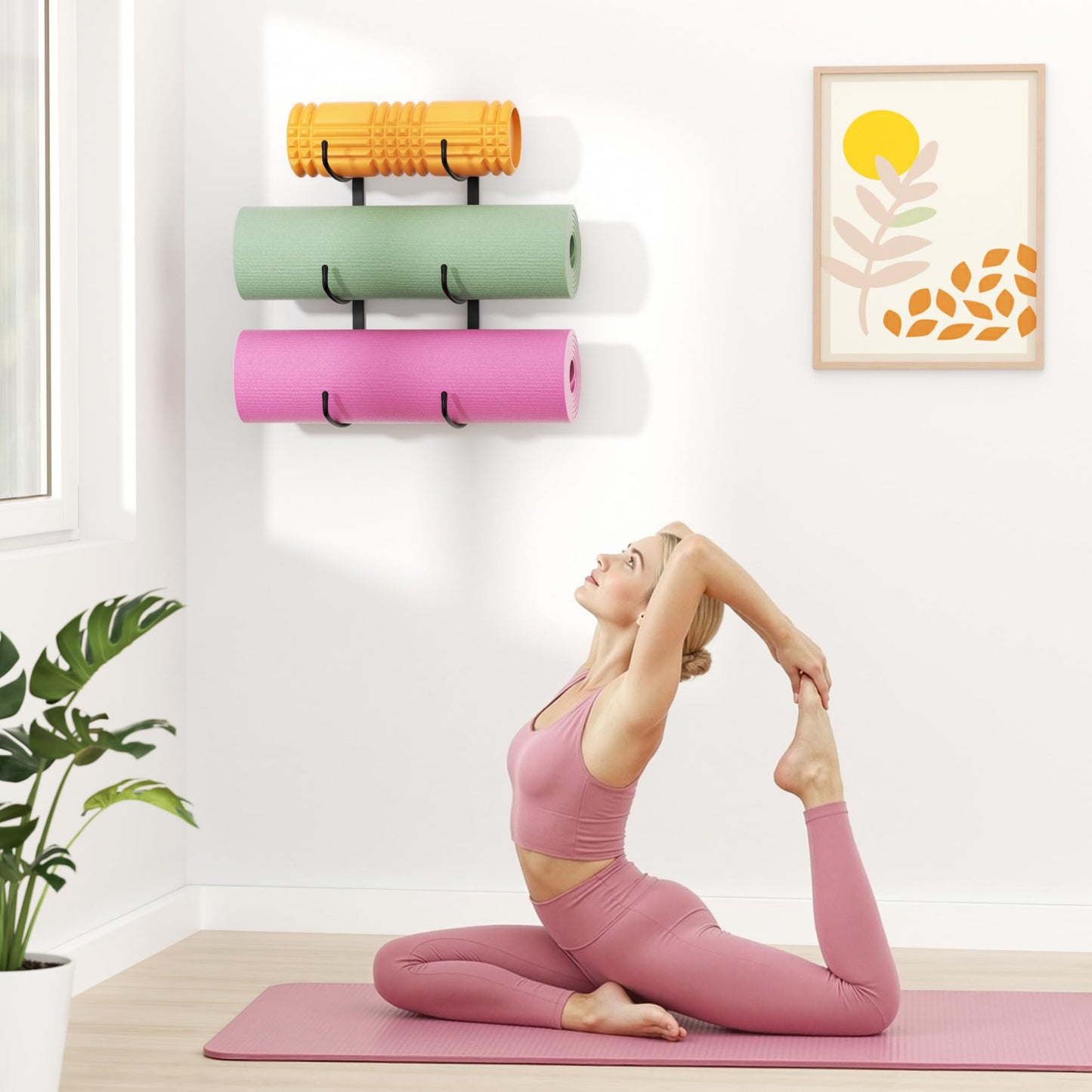 Josmimic Yoga Mat Holder Wall Mount, 3-Tier Storage Rack for Yoga Mat, Foam Roller, Block, Yoga Accessories, Wall Organizer for Home Gym, Gym, Workout Room, Metal, Black