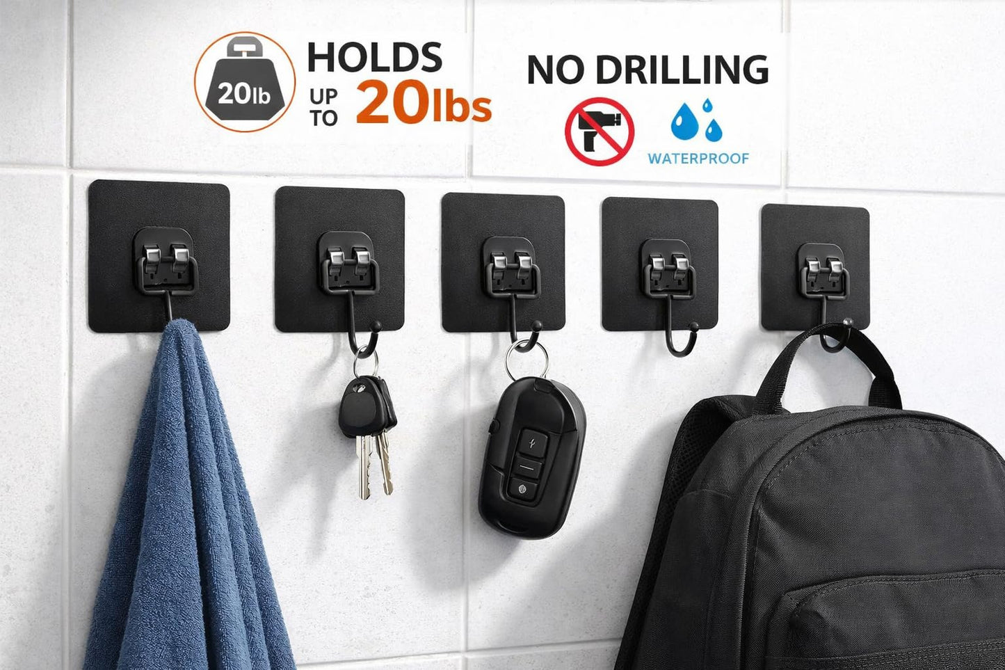 Black Metal Adhesive Wall Hooks Light Duty 6-Pack, No Drill Waterproof Sticky Hooks for Bathroom Kitchen Garage, Strong Wall Hooks for Towels, Keys, Coat, Tools, Holds Up to 20 lbs