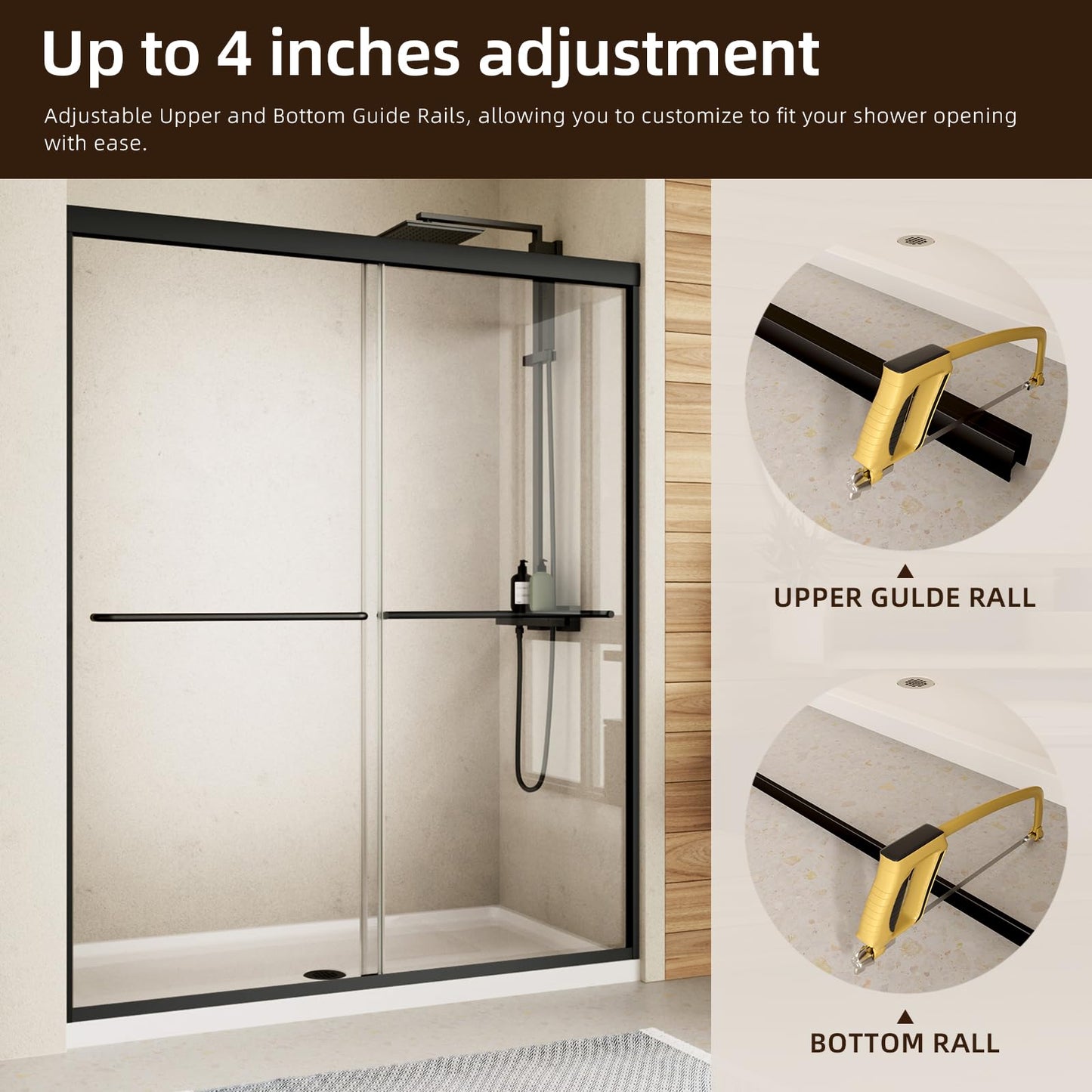 Shower Door,50-54" W x 70" H Semi-Frameless Double Sliding Glass Shower Doors with 1/4'' (6mm) Clear SGCC Tempered Glass Panel,Bypass Shower Enclosure,Matte Black