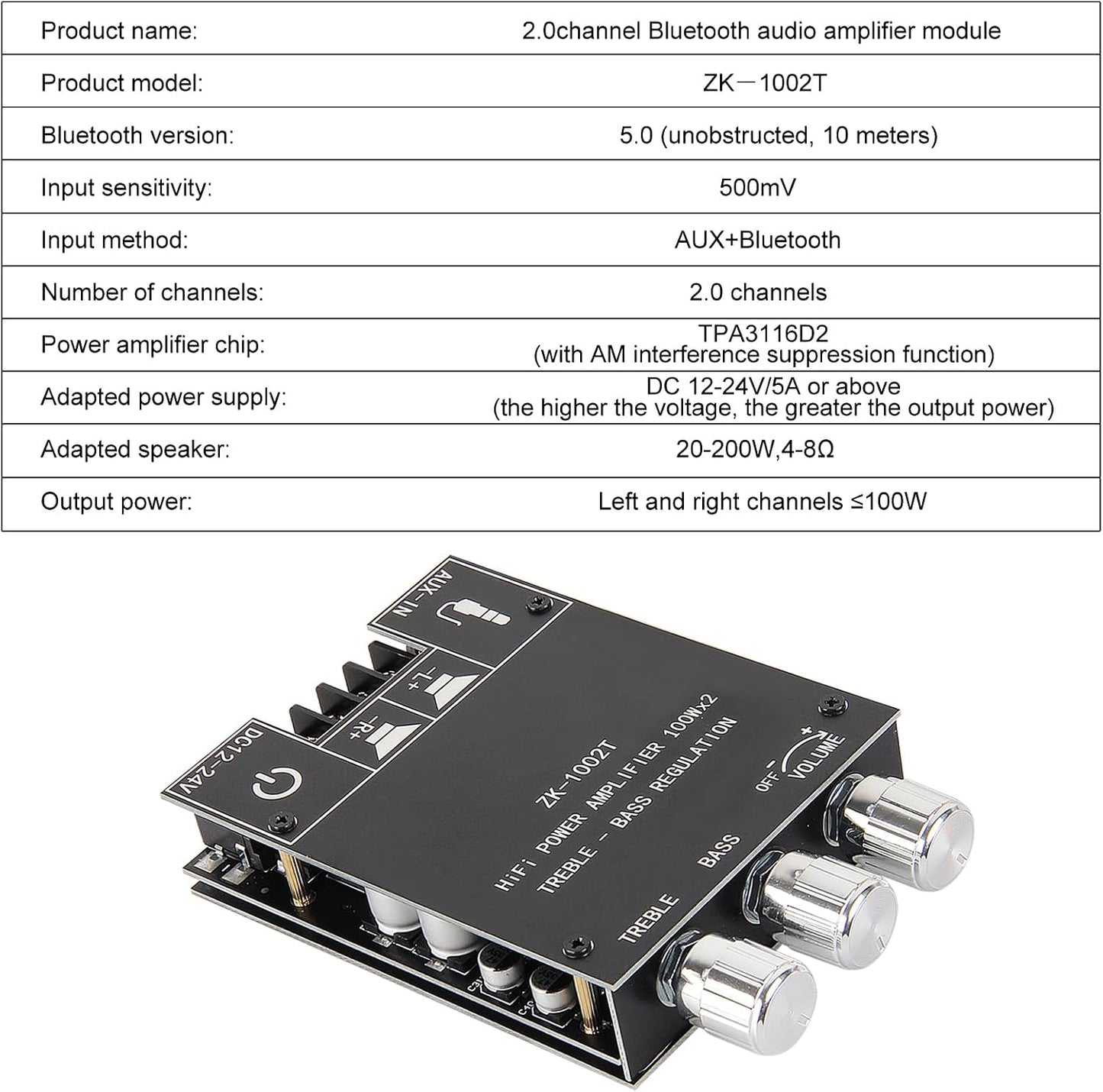 AITRIP 2PCS ZK-1002T 2.0CH 100W*2 9-24V Bluetooth Amplifier Board Mini Audio AMP with Treble and Bass Control, BT