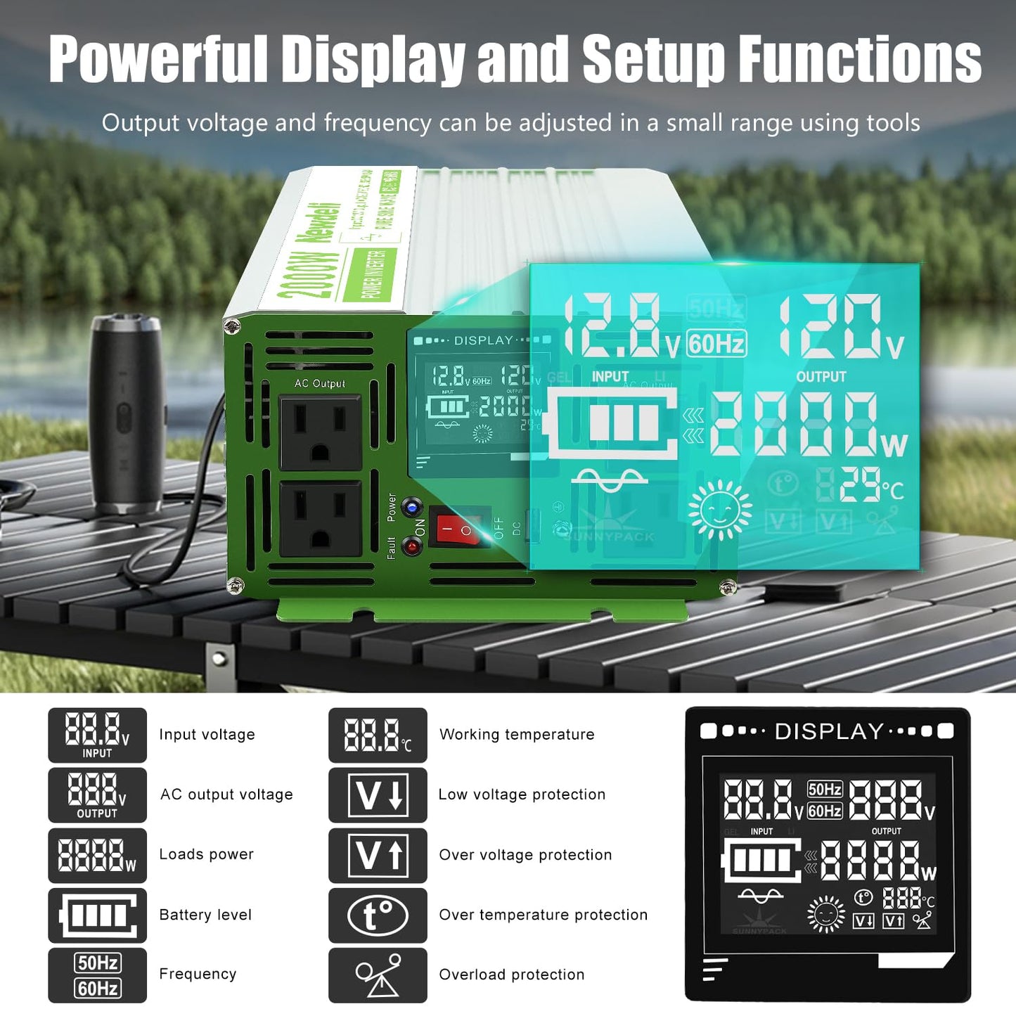 Newdeli 2000 Watt Power Inverter 12V DC to 110V 120V AC Pure Sine Wave Inverter with LCD Display, Remote Controller, 4 AC Outlets and 5V 3.4A USB Port for Vehicles Car Truck RV Solar System Camping