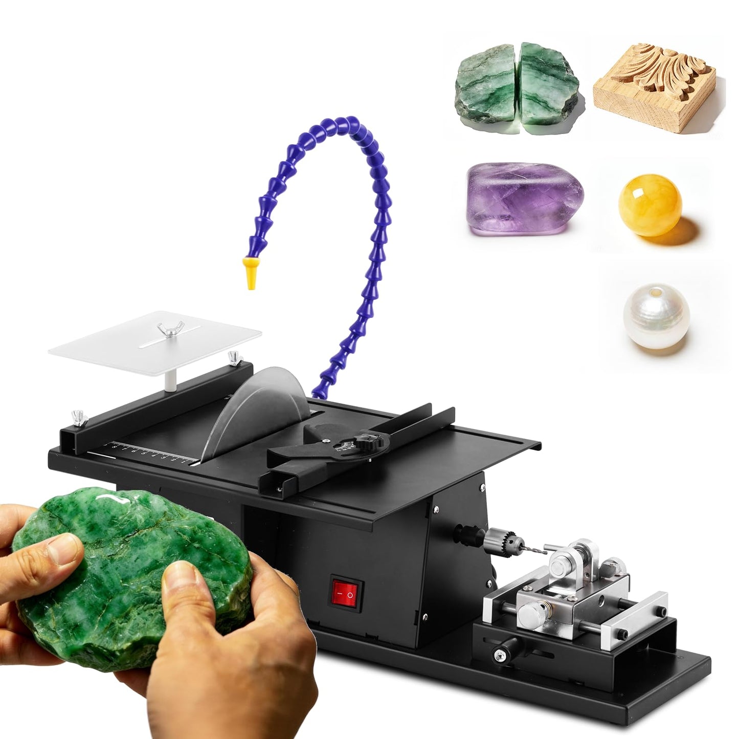 Wet Lapidary Saw 1850W Lapidary Equipment Water Cooling Machine with Angle Cutting 45mm Depth for Polishing Cutting Engraving Drilling Stone Jewelry Jade Wood Amber (Drilling Kit）