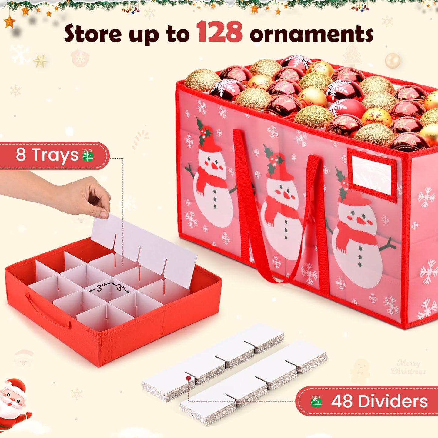 Regine Switzerland Christmas Ornament Storage Box - Waterproof Organizer with Adjustable Dividers | Holds 128 Ornaments