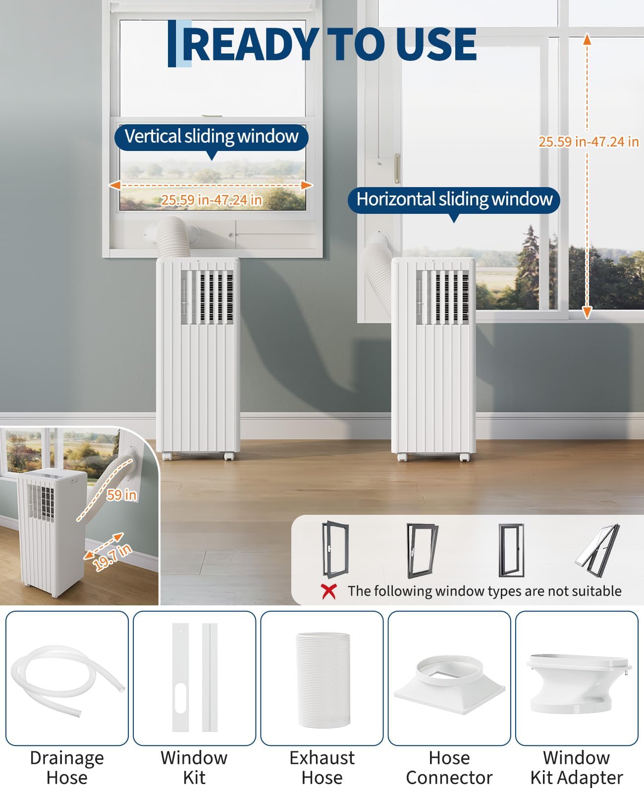 8000 BTU Portable Air Conditioner, 3-in-1 Cooling, Dehumidifying & Fan for Rooms Up to 350 Sq. Ft, Quiet Sleep Mode, Energy-Saving 24-Hr Timer, AC Unit with Remote & Full Window Kit, White