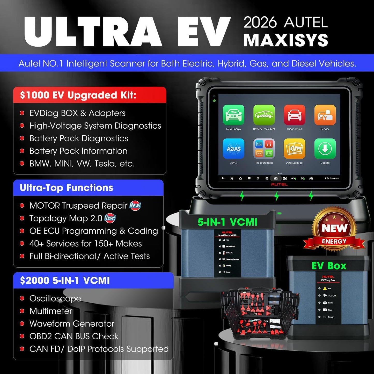 Autel MaxiSYS Ultra EV Intelligent Scanner, 2026 EV Ver of Ultra S2, High-Voltage System & Battery Pack Analyze, $1000 EVDiag KIT, 5IN1 VCMI, 2.0 Topology, 3K+ Bidirectional, 40+ Reset, Motor Truspeed