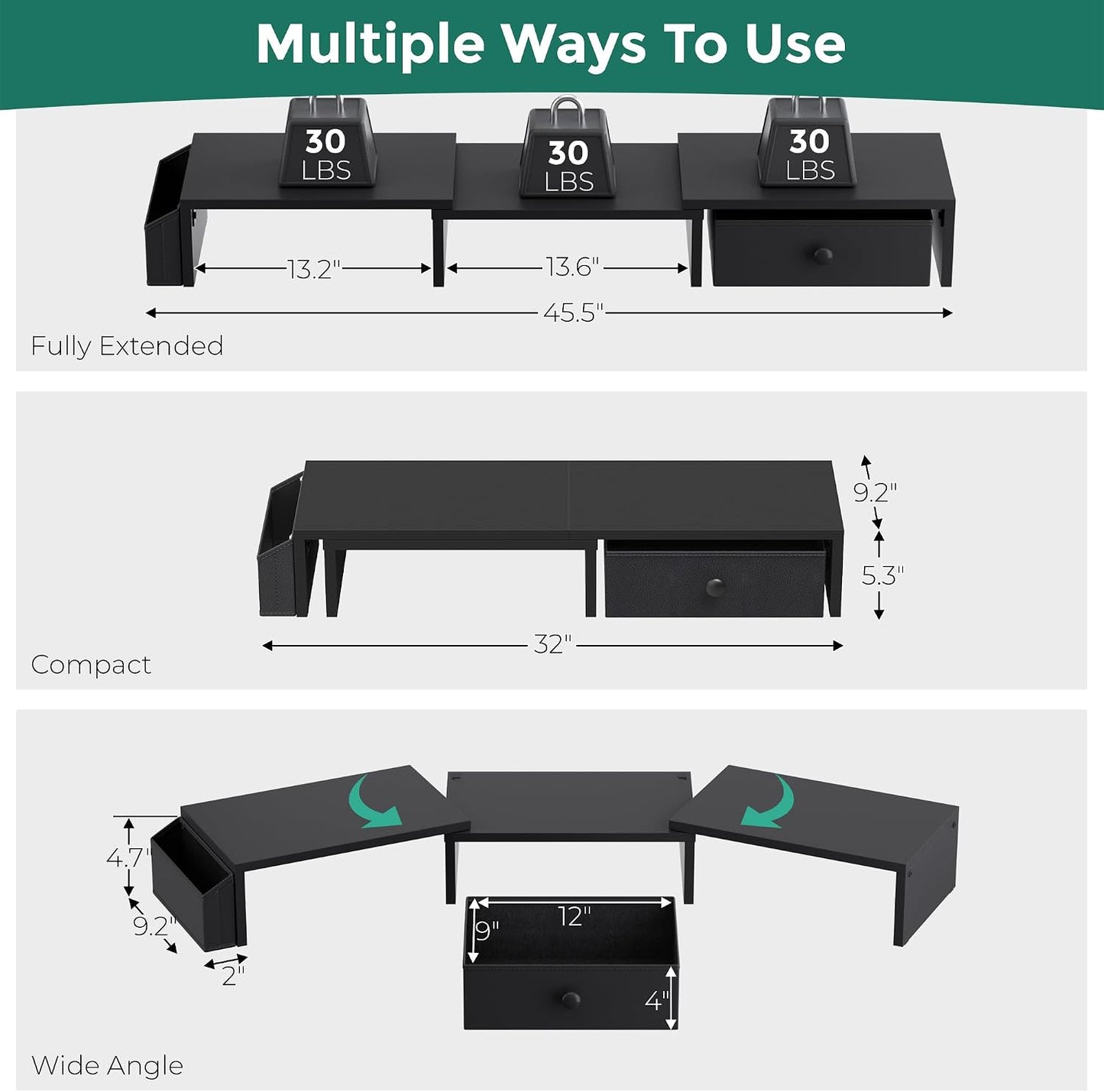 VERSASKY Dual Monitor Stand Riser, Adjustable Length & Swivel Angle Monitor Stand, Ergonomic Monitor Stand with Drawer