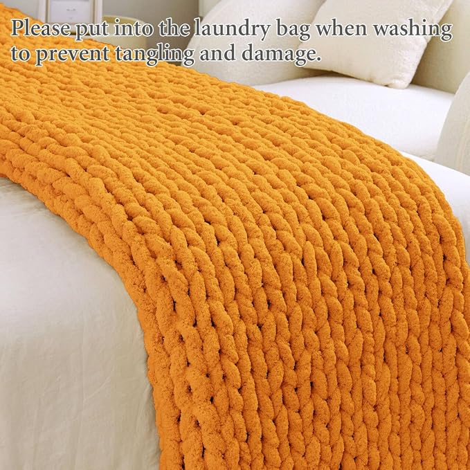 Admitrack Chunky Knit Blanket Throw, 100% Hand Knit Chenille Throw Blanket for Sofa & Home Decor, Soft and Cozy Knitted Throw Blankets (Orange, 51"x63")