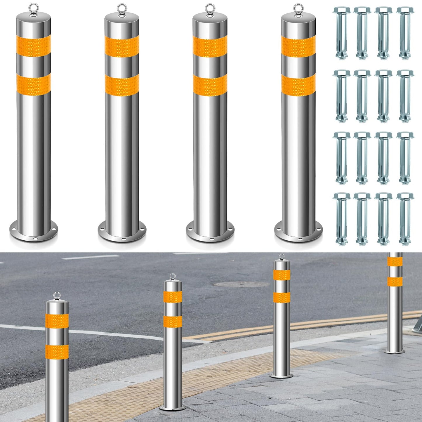 Yaocom 31.5 Inch Stainless Steel Bollard Post with Anchor Bolts Parking Barrier Block Safety Bollard Covers with Reflective Strips and Hanging Ring for Parking Lots Driveways Garage Pathways(4 Pcs)