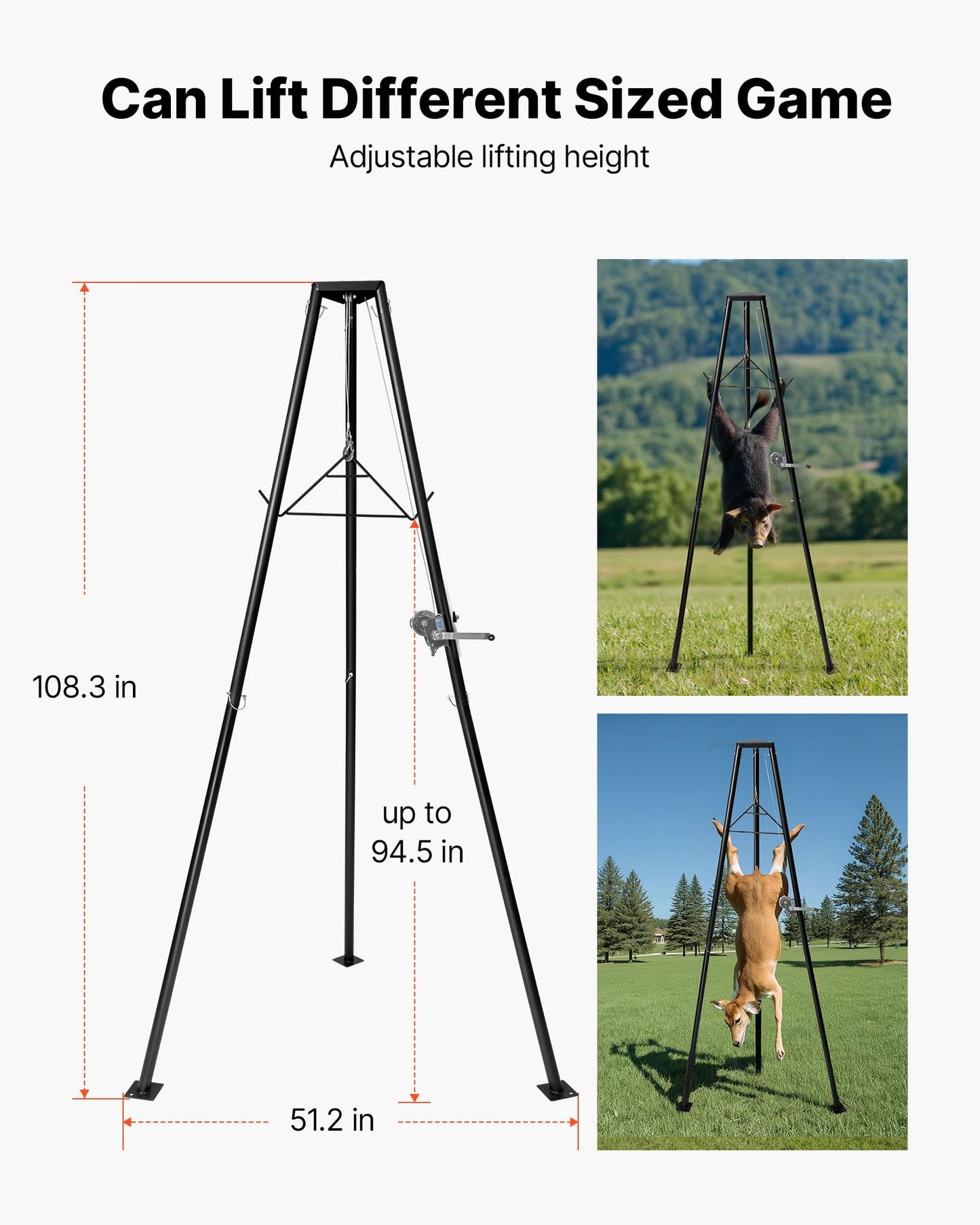 VEVOR Tripod Deer Hoist, 500 lbs Load Capacity, Hunting Game Hoist Winch Lift with Gambrel & Manual Winch, Hunting Game Skinning and Cleaning Accessory for Cleaning, Skinning, and Moving, Black